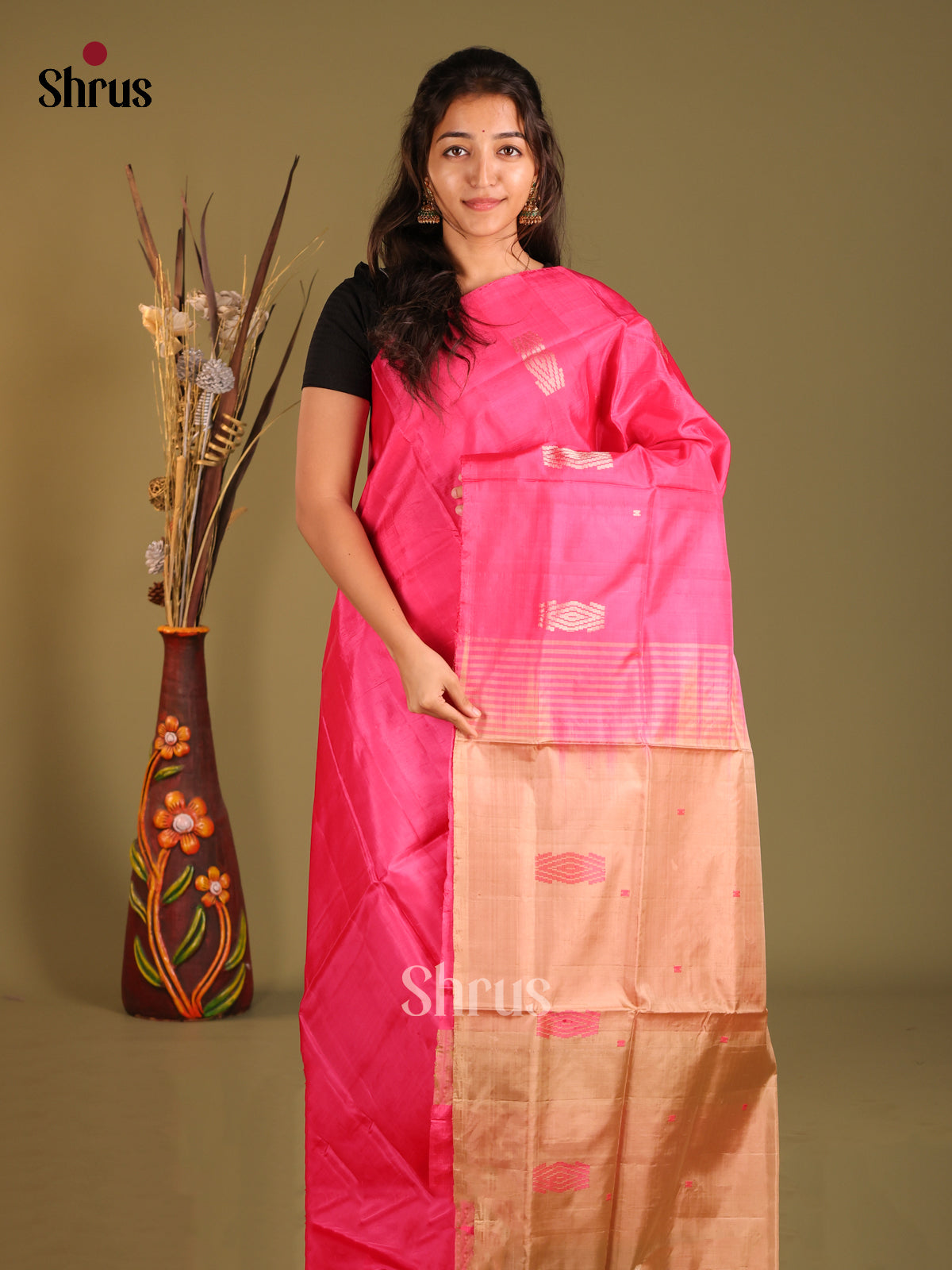 Pink & Light Brown - Banana Pith without blouse Saree - Shop on Shrus.com