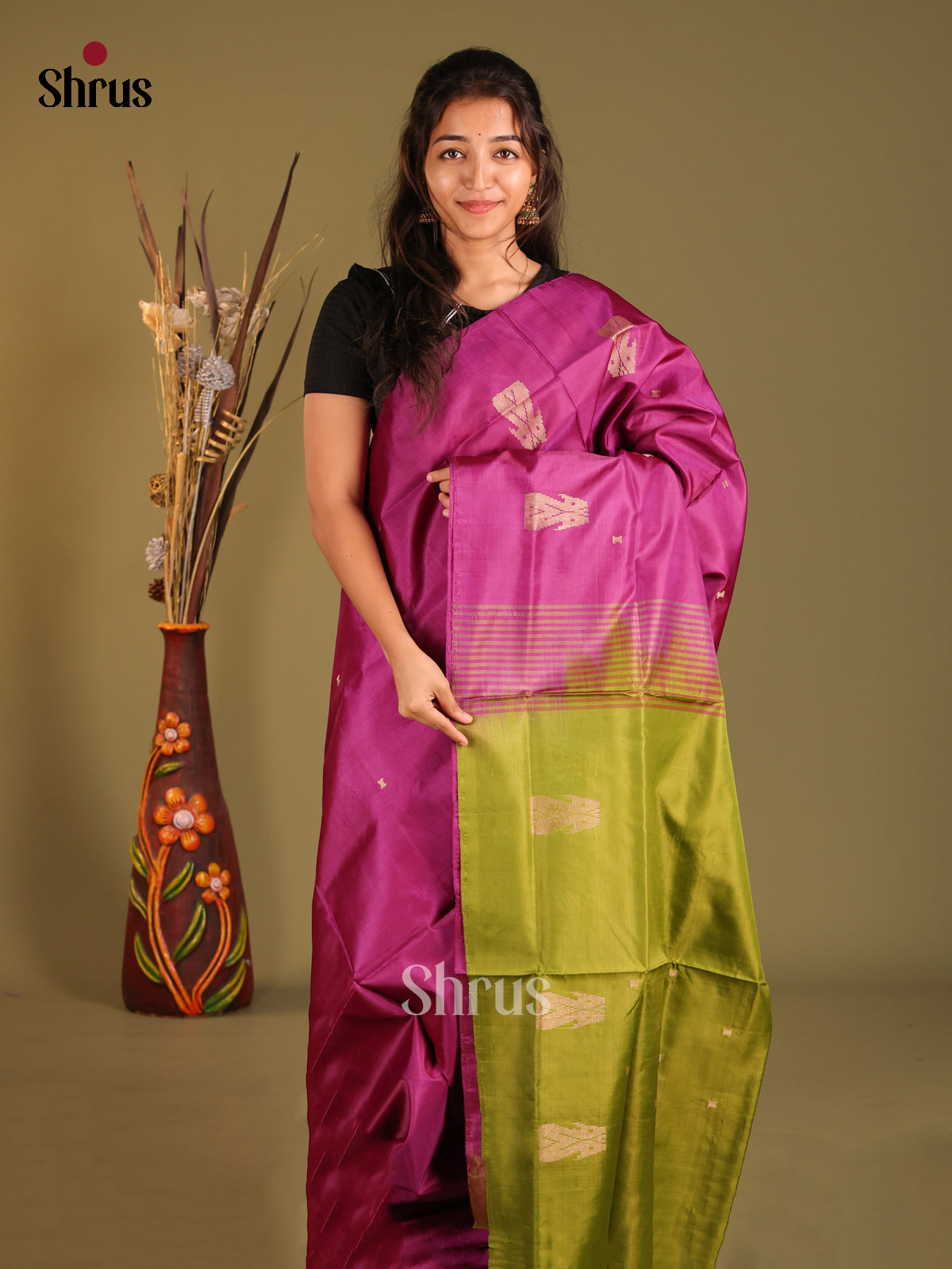 Purple & Green - Banana Pith without blouse Saree - Shop on Shrus.com