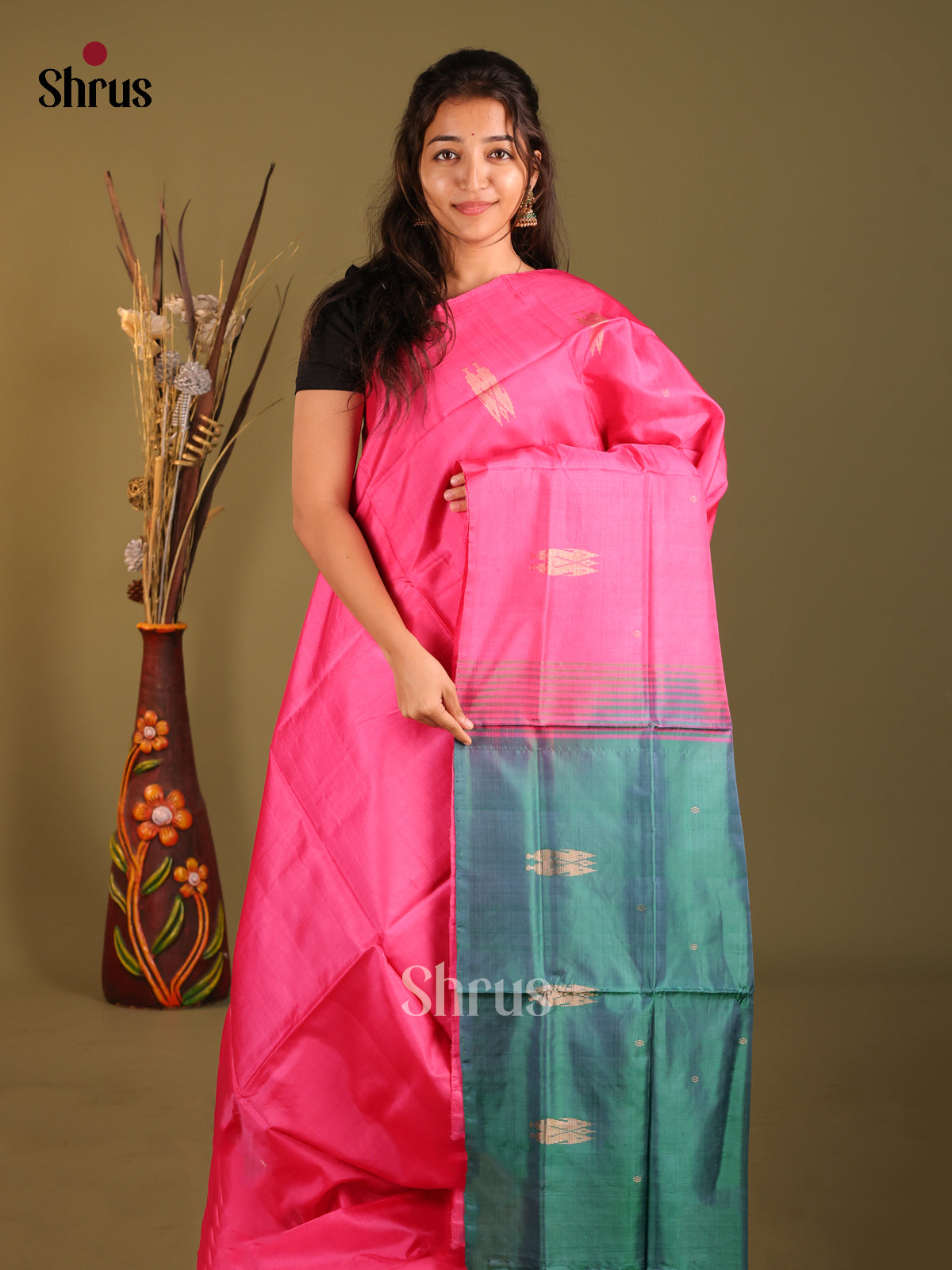 Pink & Green - Banana Pith without blouse Saree - Shop on Shrus.com
