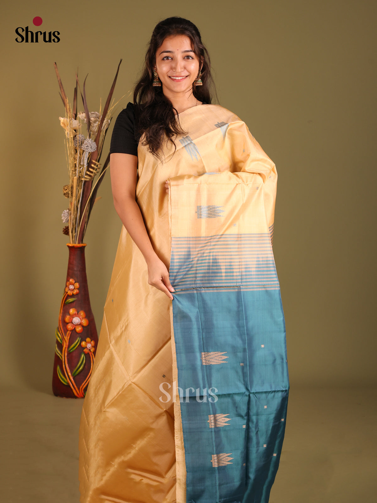 Sandal & Blue - Banana Pith without blouse Saree - Shop on Shrus.com