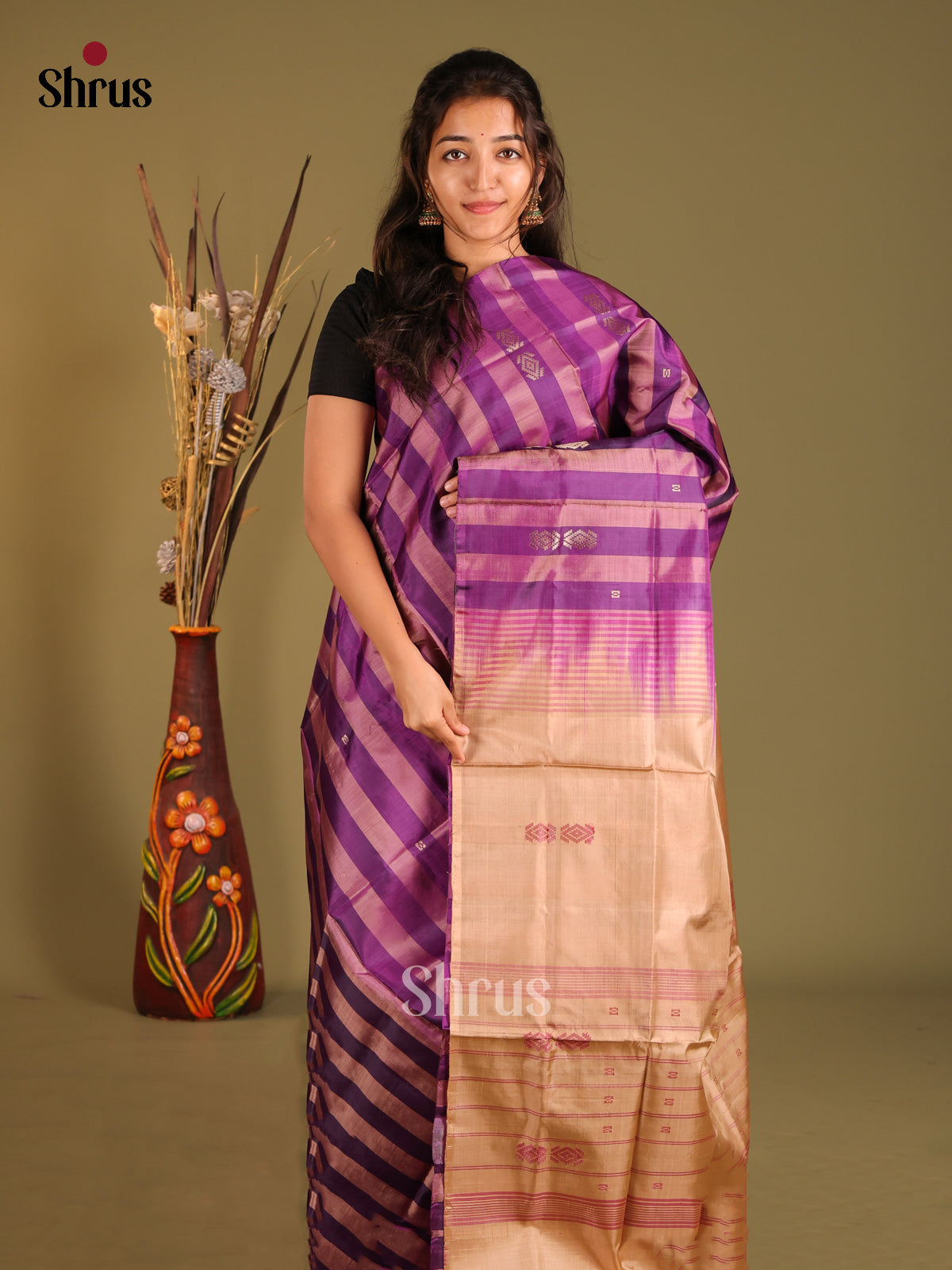 Violet & Beige- Banana Pith without blouse Saree - Shop on Shrus.com