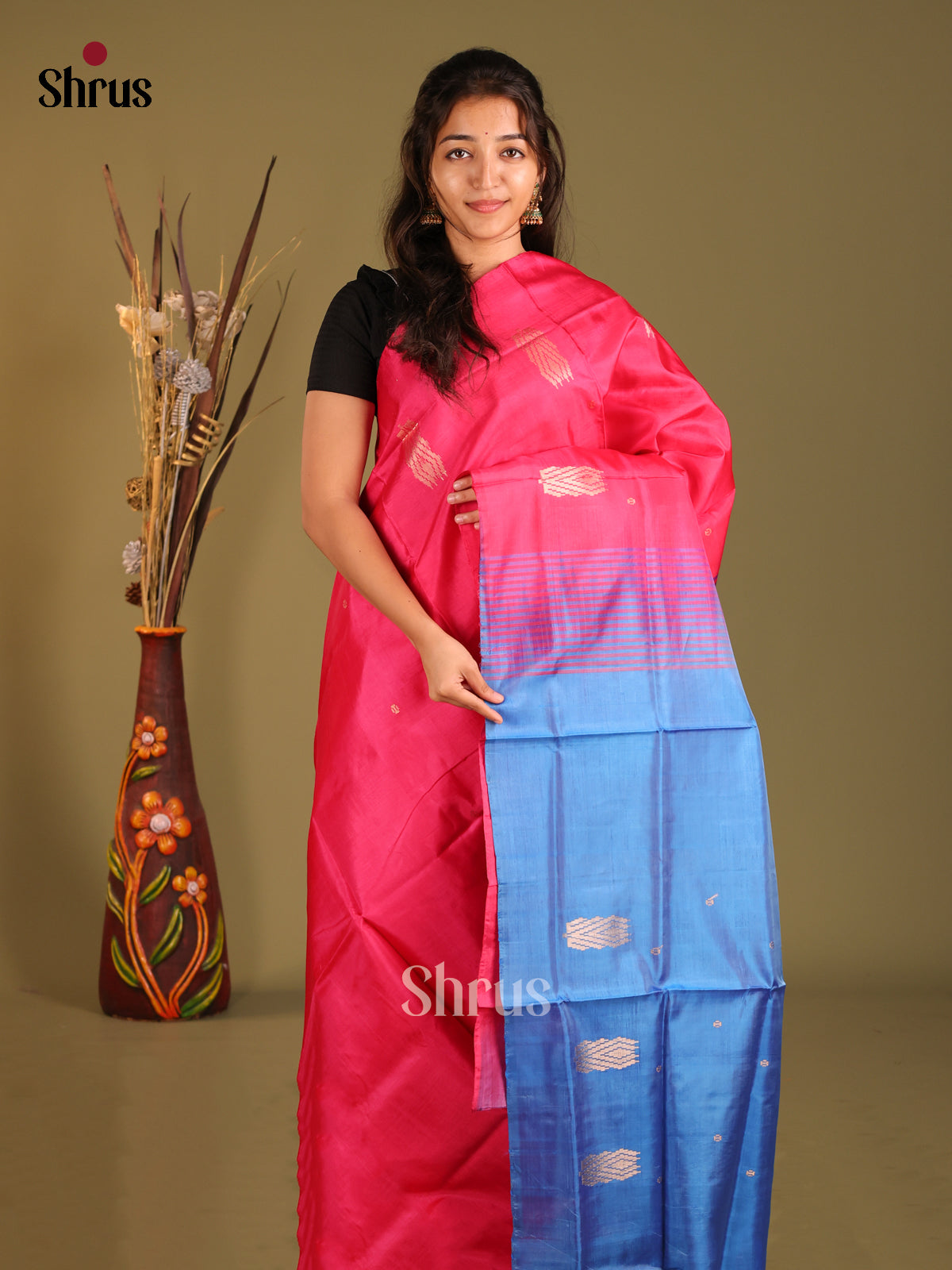 Pink & Blue- Banana Pith without blouse Saree - Shop on Shrus.com