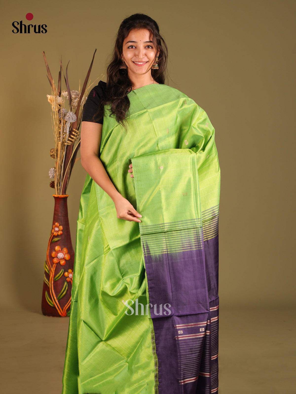 Light Green & Blue - Banana Pith without blouse Saree - Shop on Shrus.com