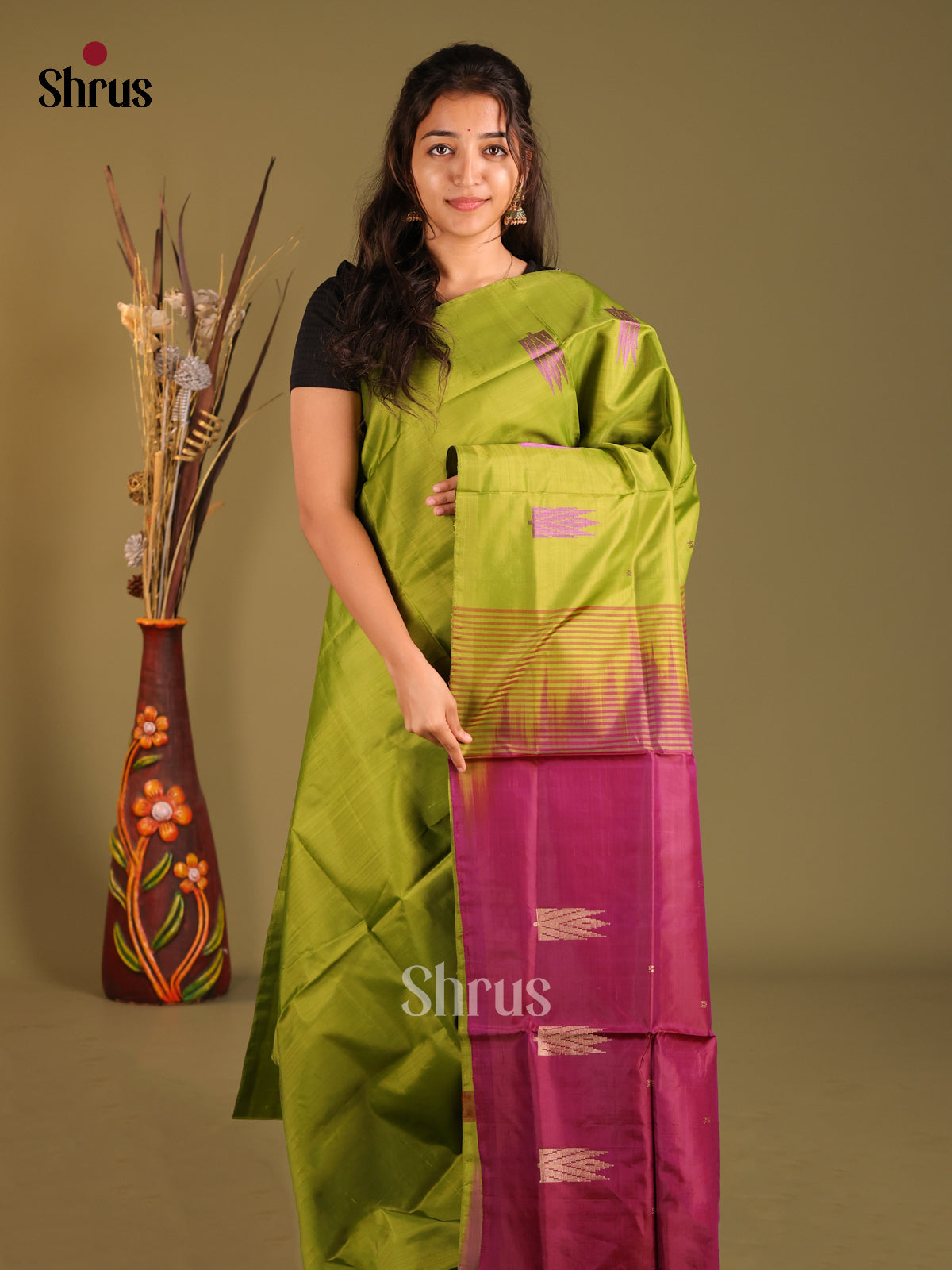 Green & Maroon - Banana Pith without blouse Saree - Shop on Shrus.com