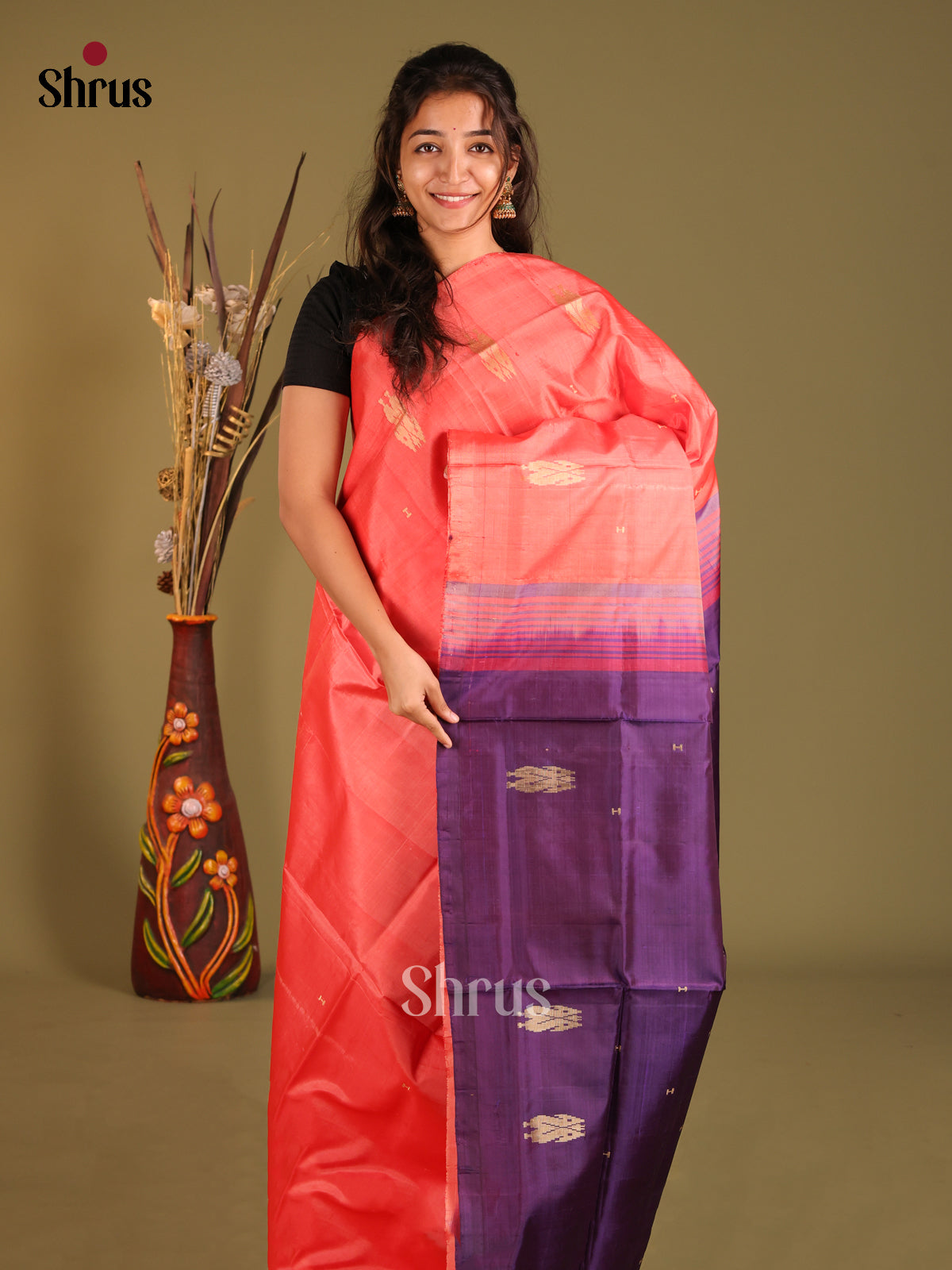 Orangish Pink & Violet- Banana Pith without blouse Saree - Shop on Shrus.com