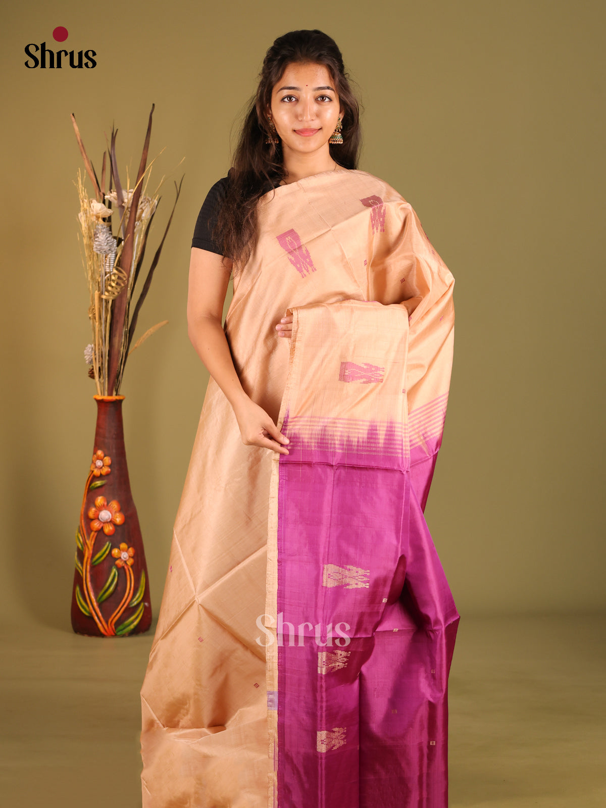 Peach & Purple - Banana Pith without blouse Saree - Shop on Shrus.com