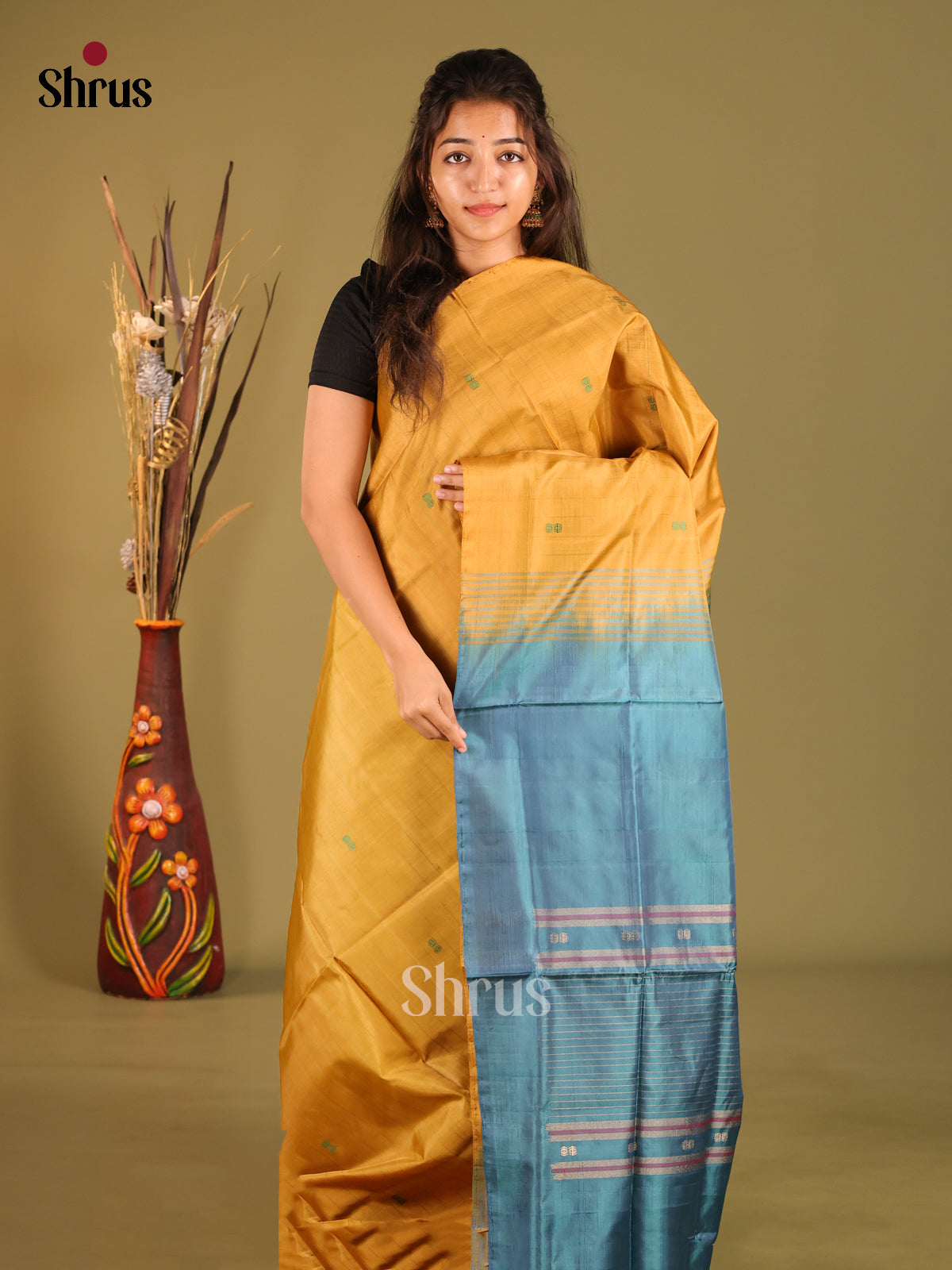 Mustard & Blue - Banana Pith without blouse Saree - Shop on Shrus.com