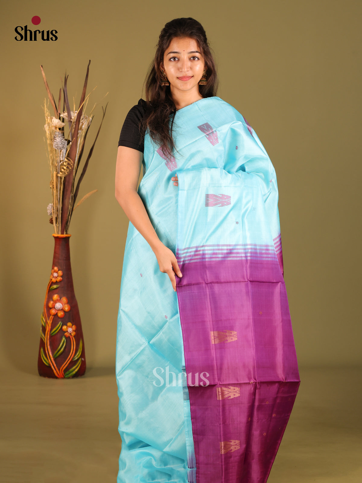 Pastel Blue & Purple - Banana Pith without blouse Saree - Shop on Shrus.com