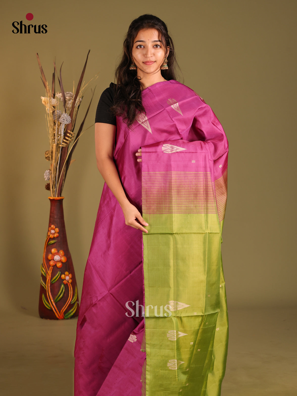Purple & Green - Banana Pith without blouse Saree - Shop on Shrus.com