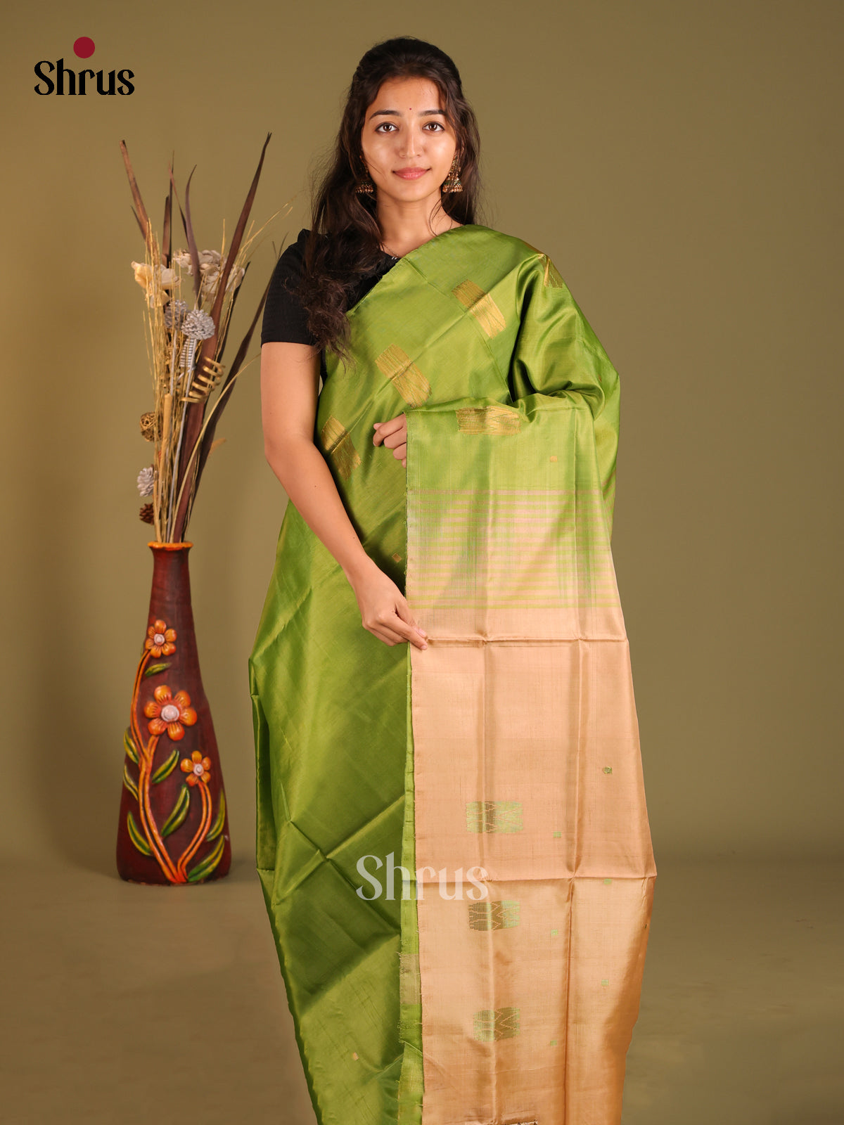 Parrot Green & Beige - Banana Pith without blouse Saree - Shop on Shrus.com