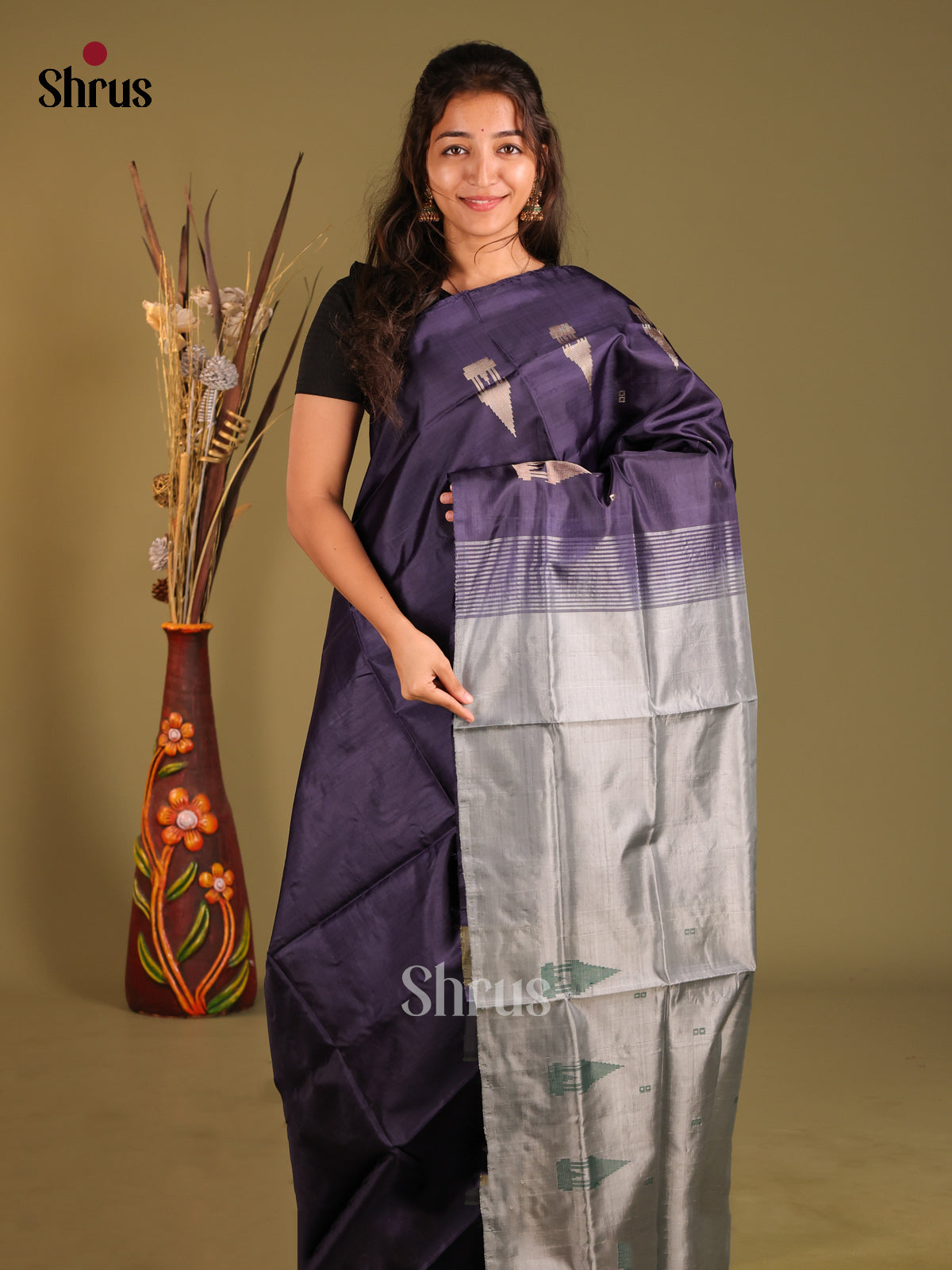 Blue & Grey- Banana Pith without blouse Saree