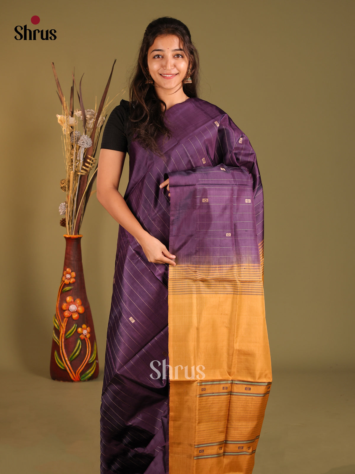 Jamun & Mustard - Banana Pith without blouse Saree - Shop on Shrus.com