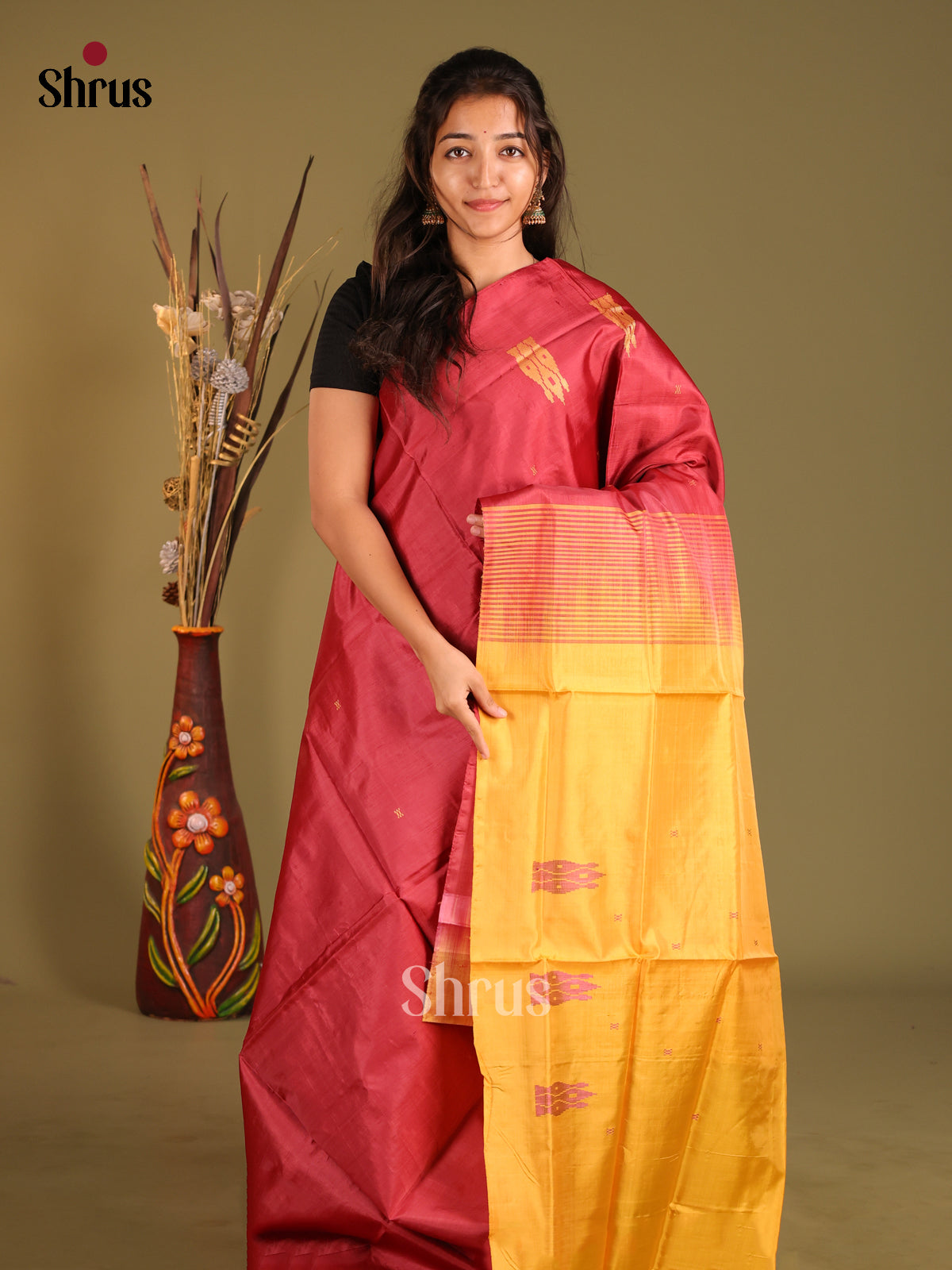 Red & Mustard - Banana Pith without blouse Saree - Shop on Shrus.com