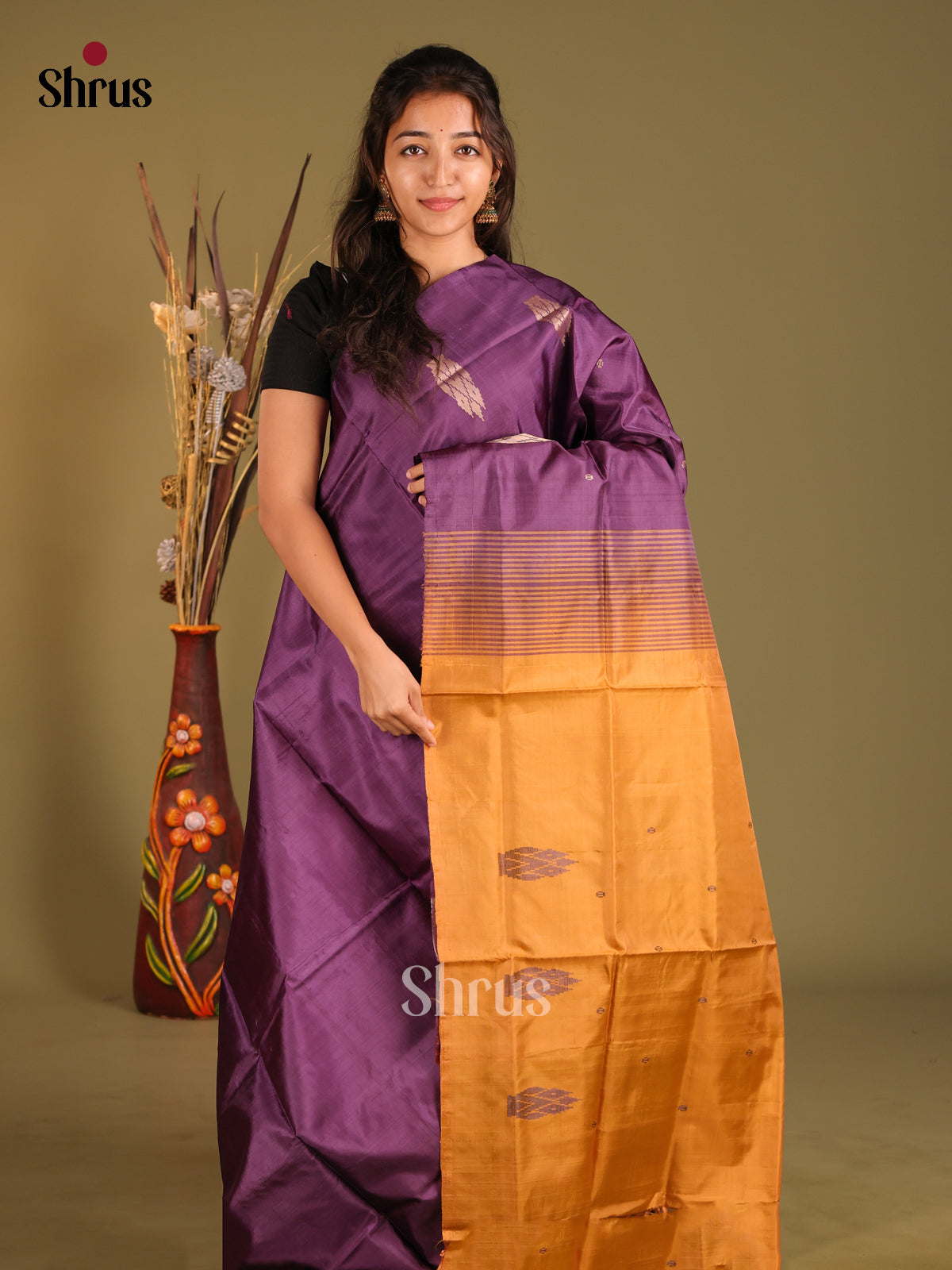 Violet & Dark Mustard - Banana Pith without blouse Saree - Shop on Shrus.com