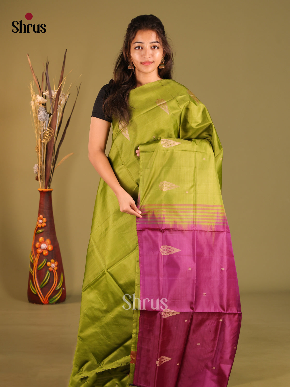 Green & Purple - Banana Pith without blouse Saree - Shop on Shrus.com