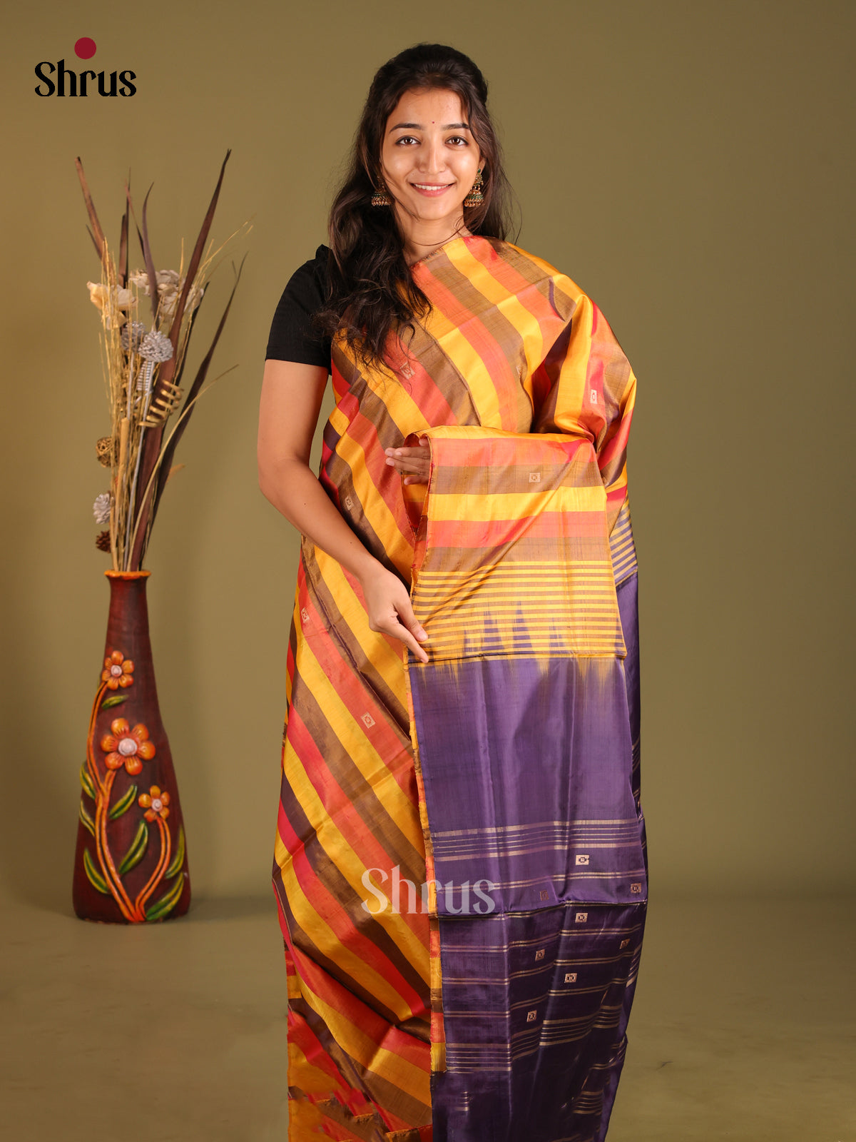 Yellow & Blue - Banana Pith without blouse Saree - Shop on Shrus.com