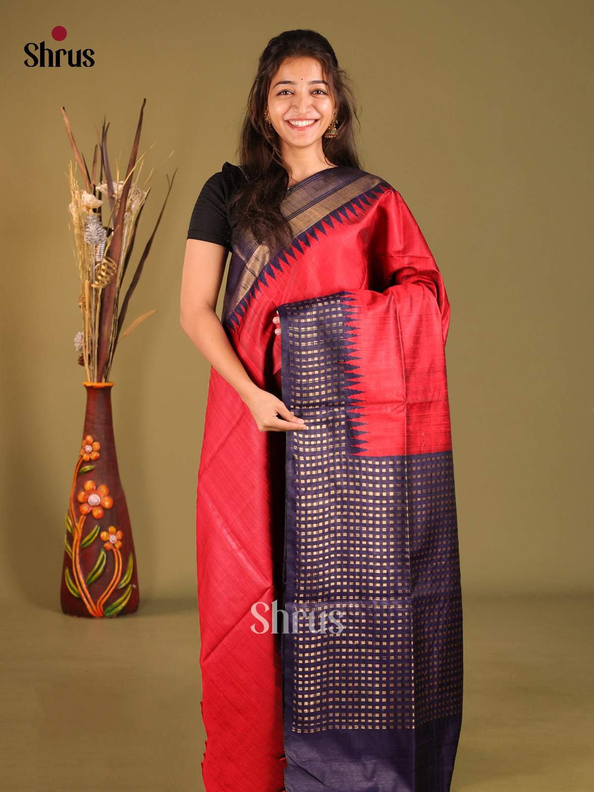 Stunning Red Raw Silk Saree with Blue Zari Border