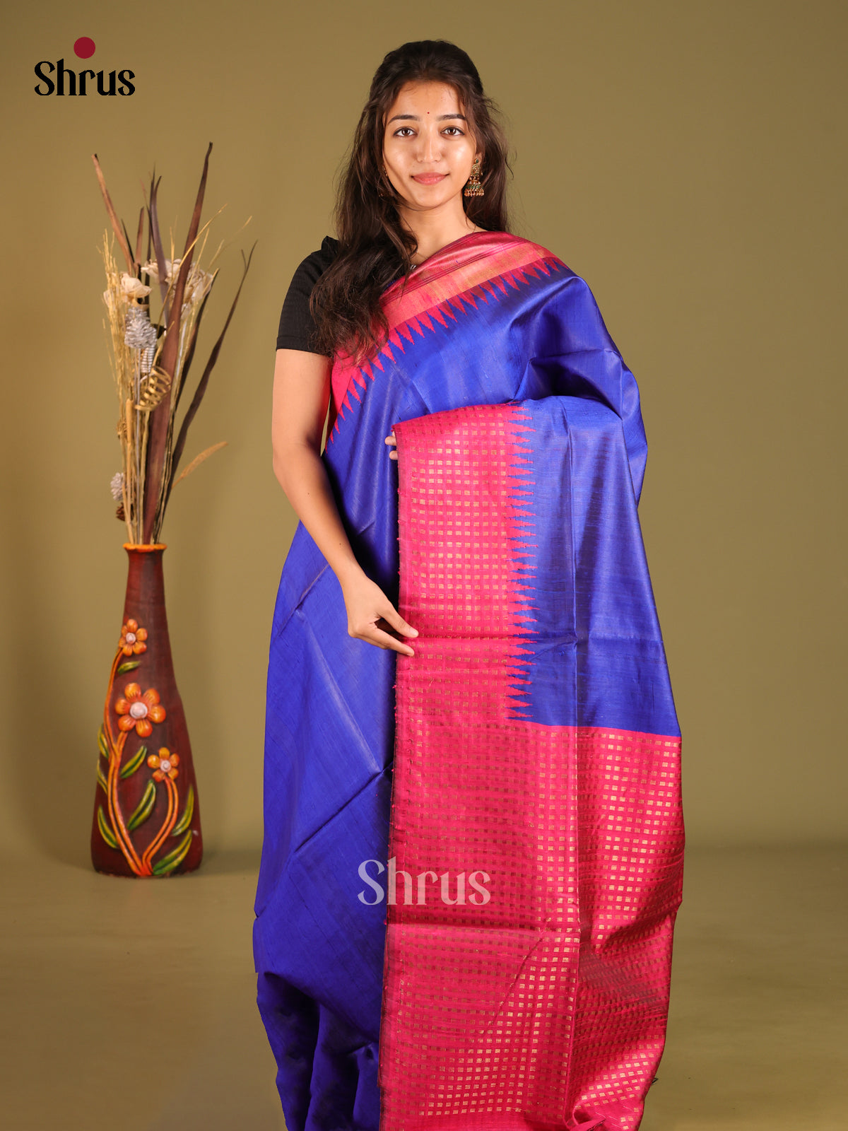 Blue & Maroon Raw Silk Saree with contrast zari border