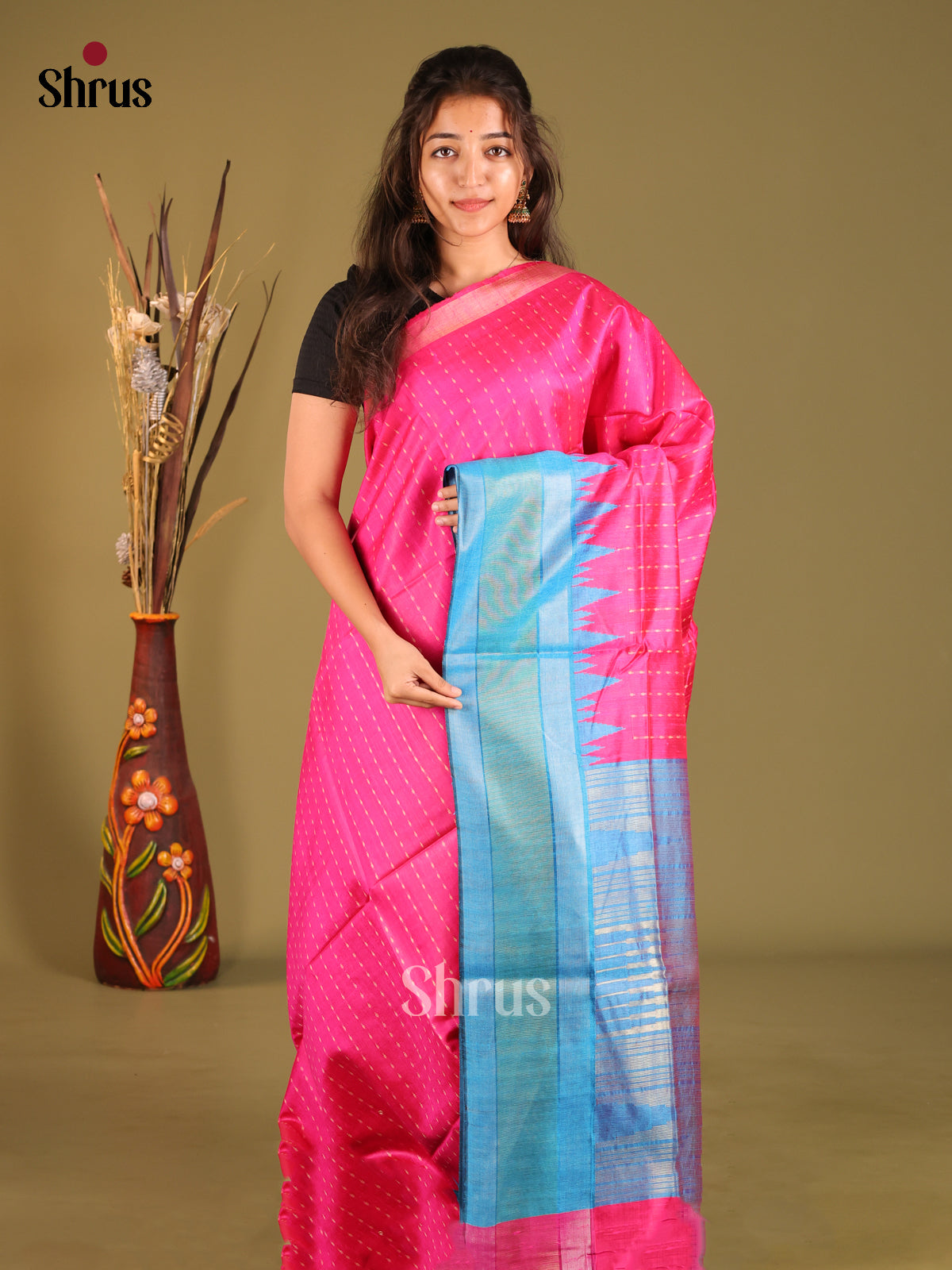 Pink & Blue Raw Silk Saree with temple border - Shop on Shrus.com