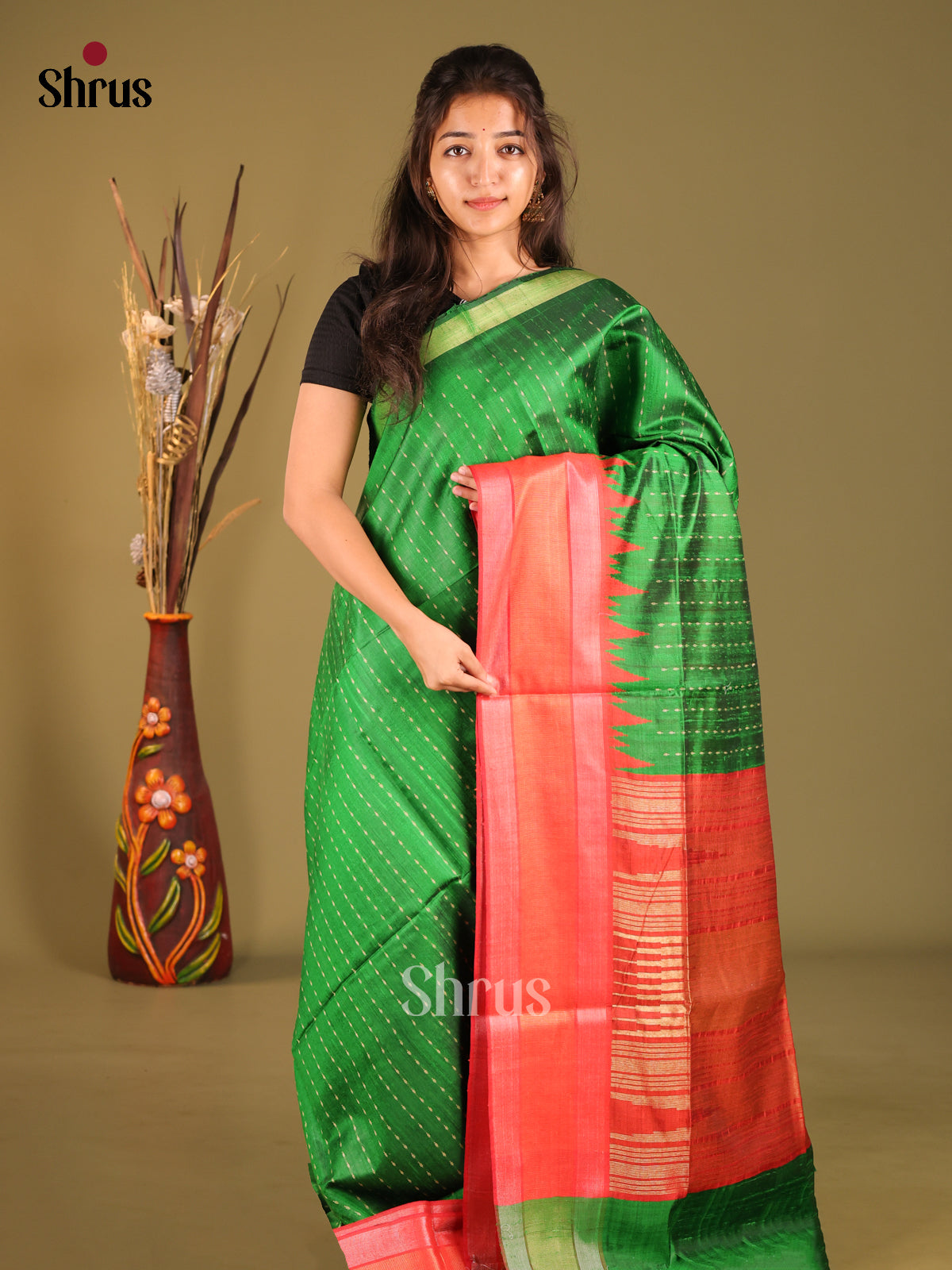 Green & Red - Raw Silk Saree