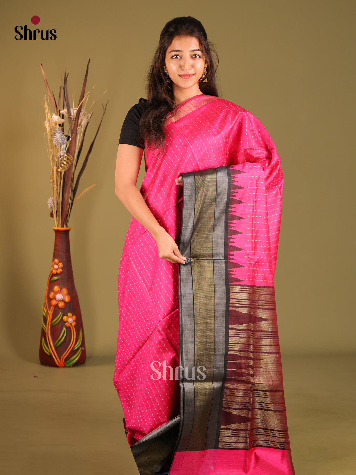 Pink & Brown- Raw Silk Saree