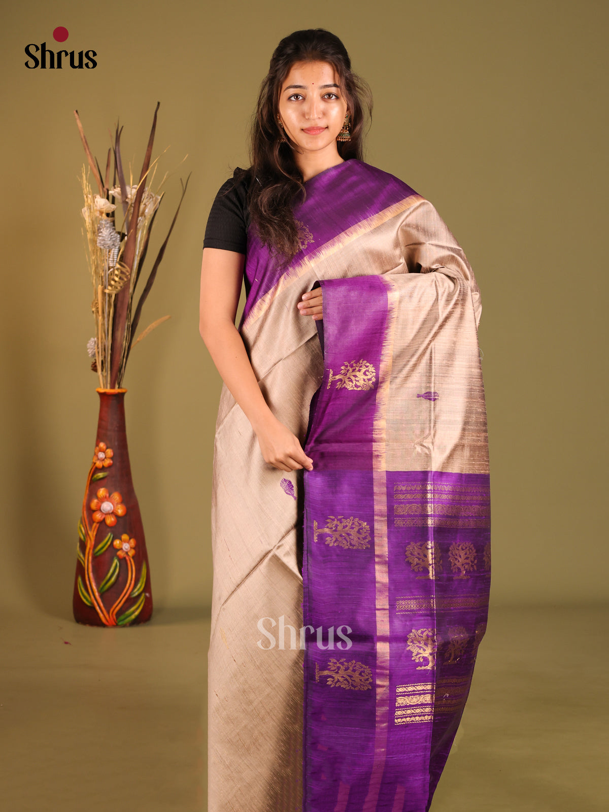 Grey & Purple- Raw Silk Saree - Shop on Shrus.com