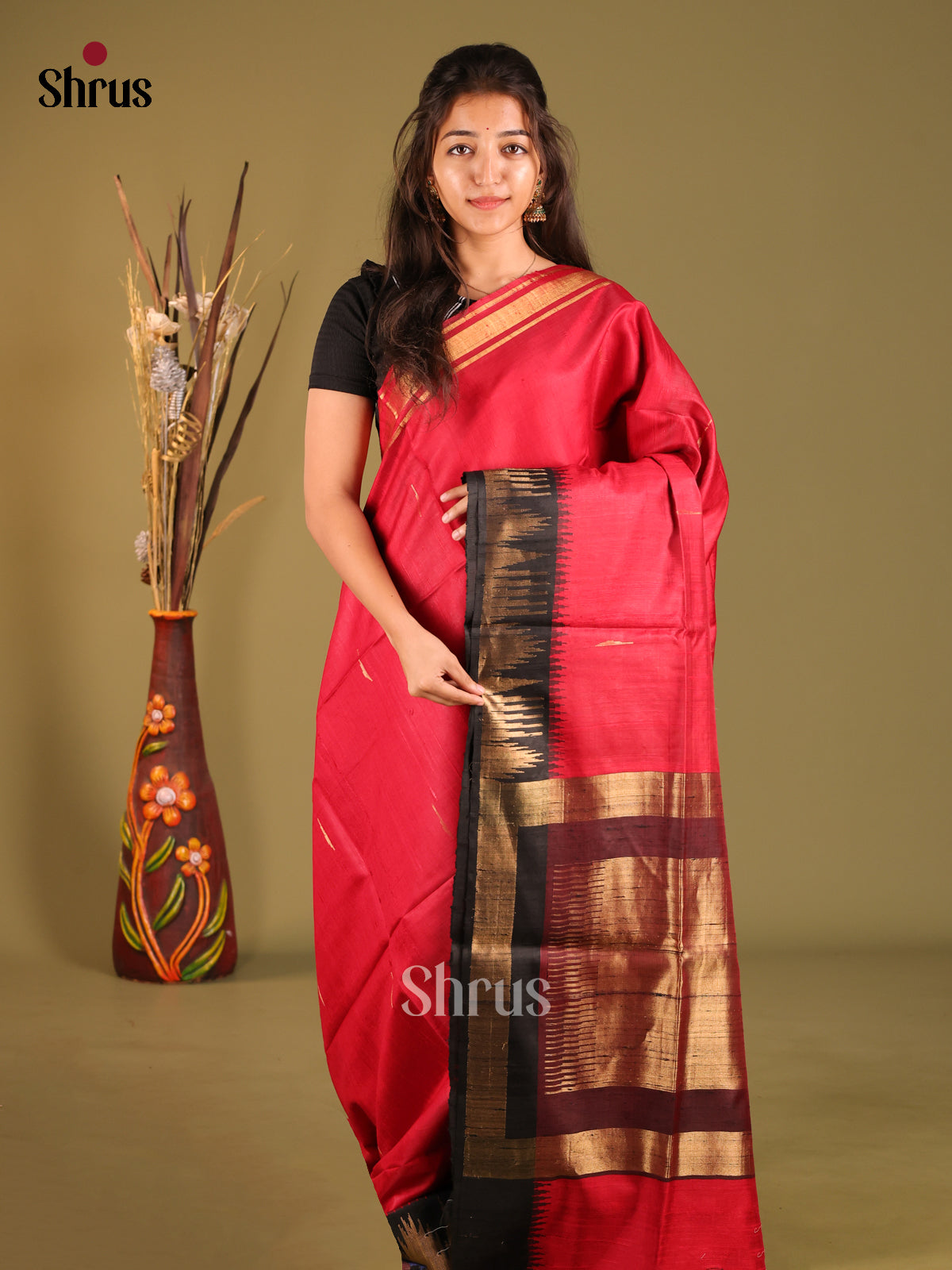 Red & Brown - Raw Silk Saree