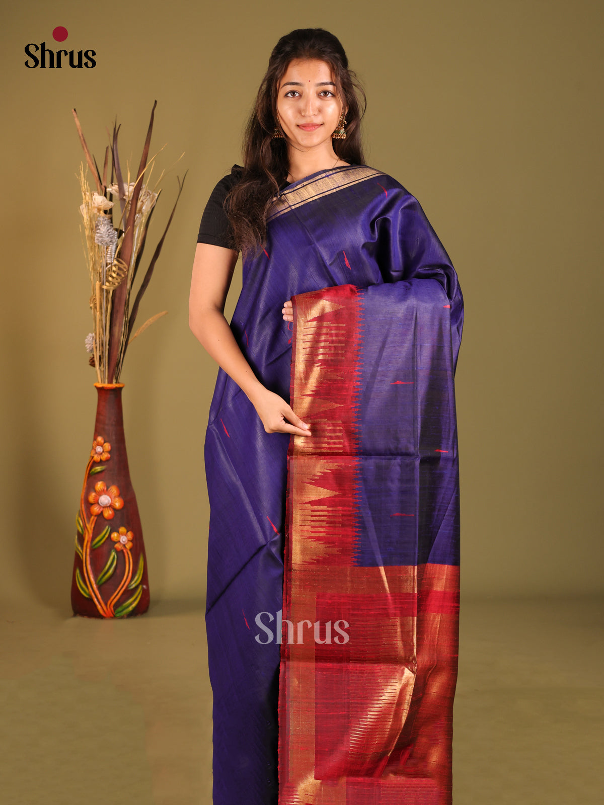 Blue & Maroon - Raw Silk Saree