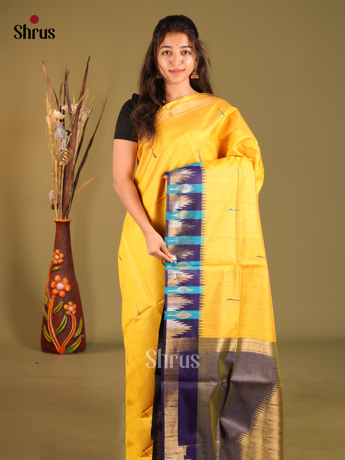 Yellow & Blue - Raw Silk Saree - Shop on Shrus.com