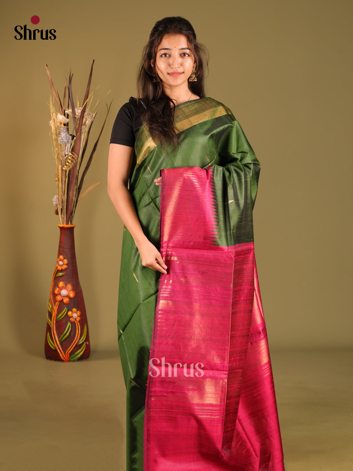 Green & Maroon - Raw Silk Saree - Shop on Shrus.com