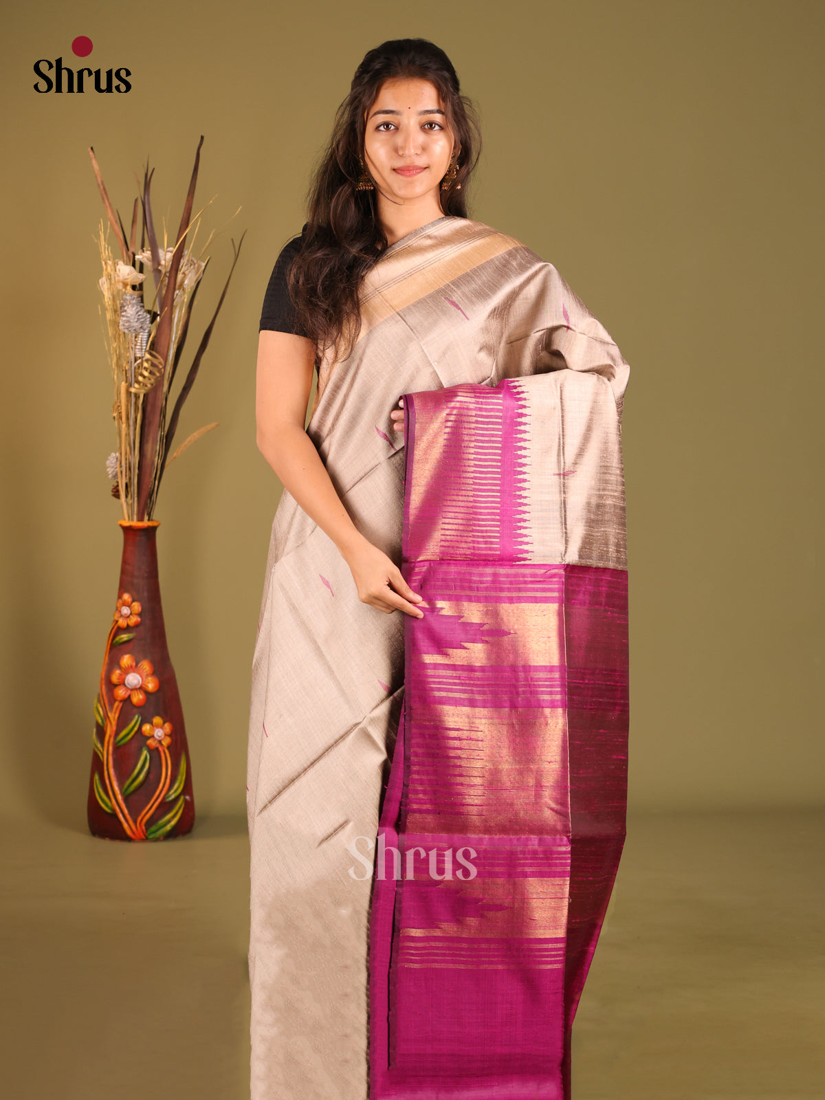 Grey & Purple - Raw Silk Saree