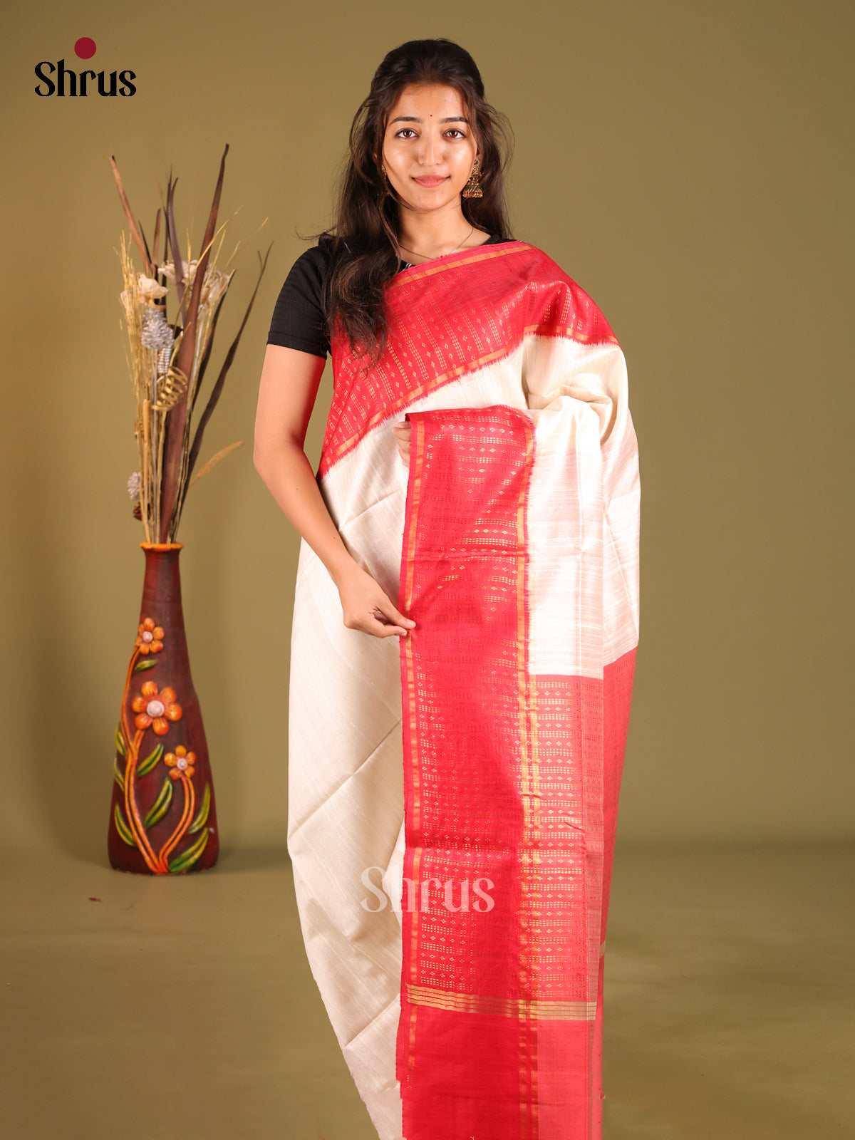 Cream & Red- Raw Silk Saree