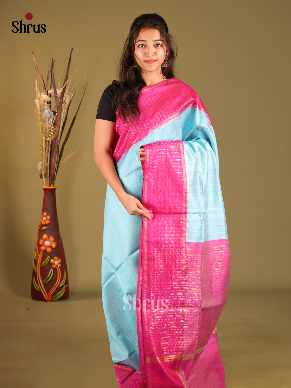 Pastel Blue & Pink - Raw Silk Saree - Shop on Shrus.com