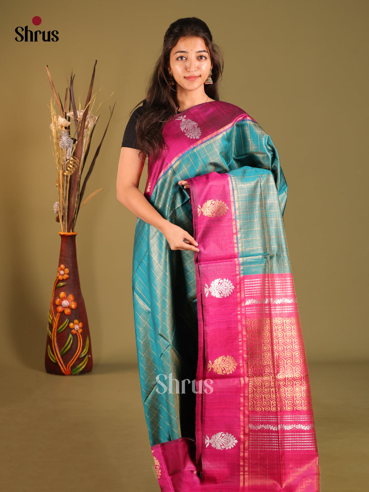 Blue & Maroon - Raw Silk Saree