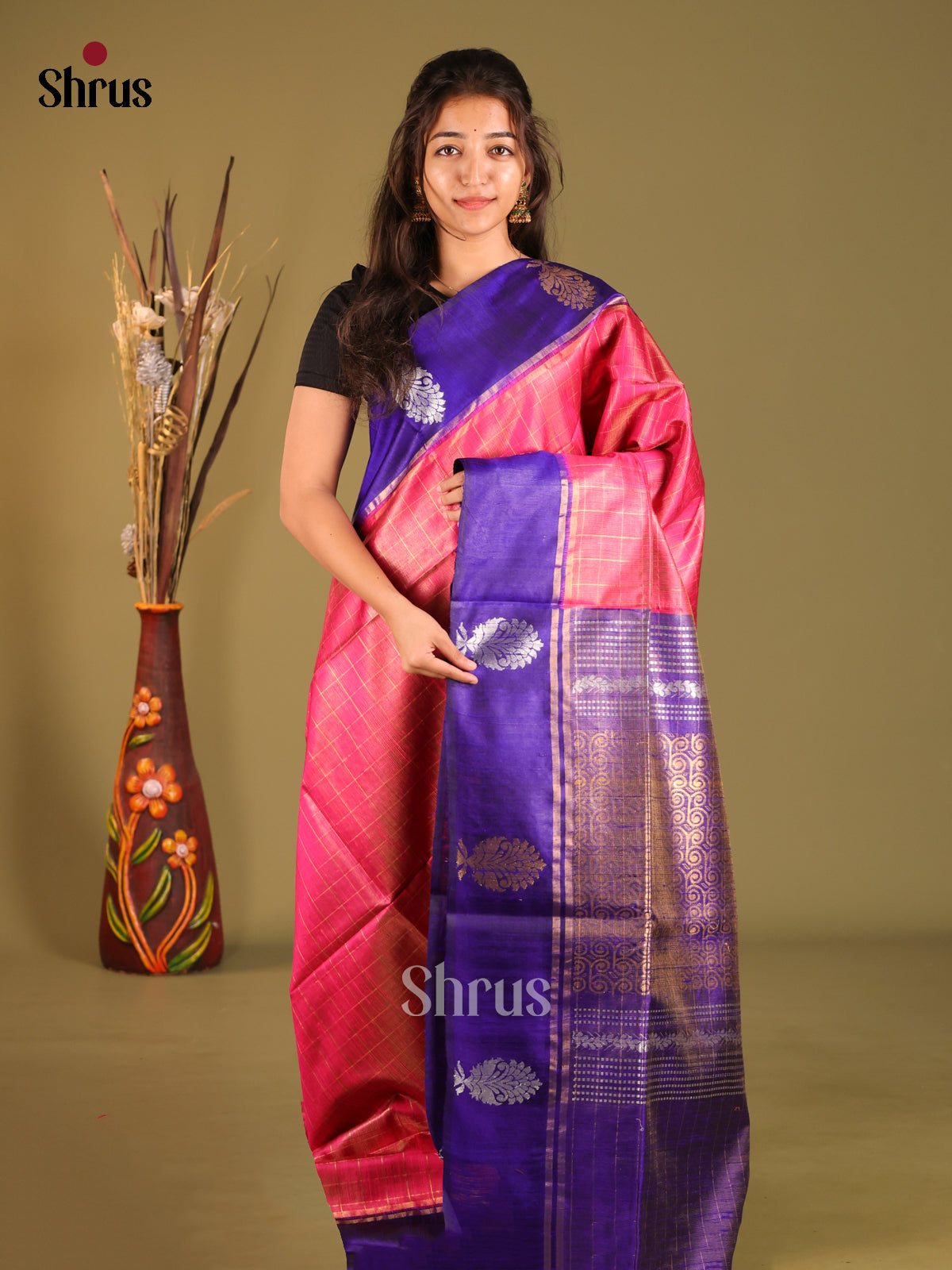 Pink & Blue Raw Silk Saree with zari kattam