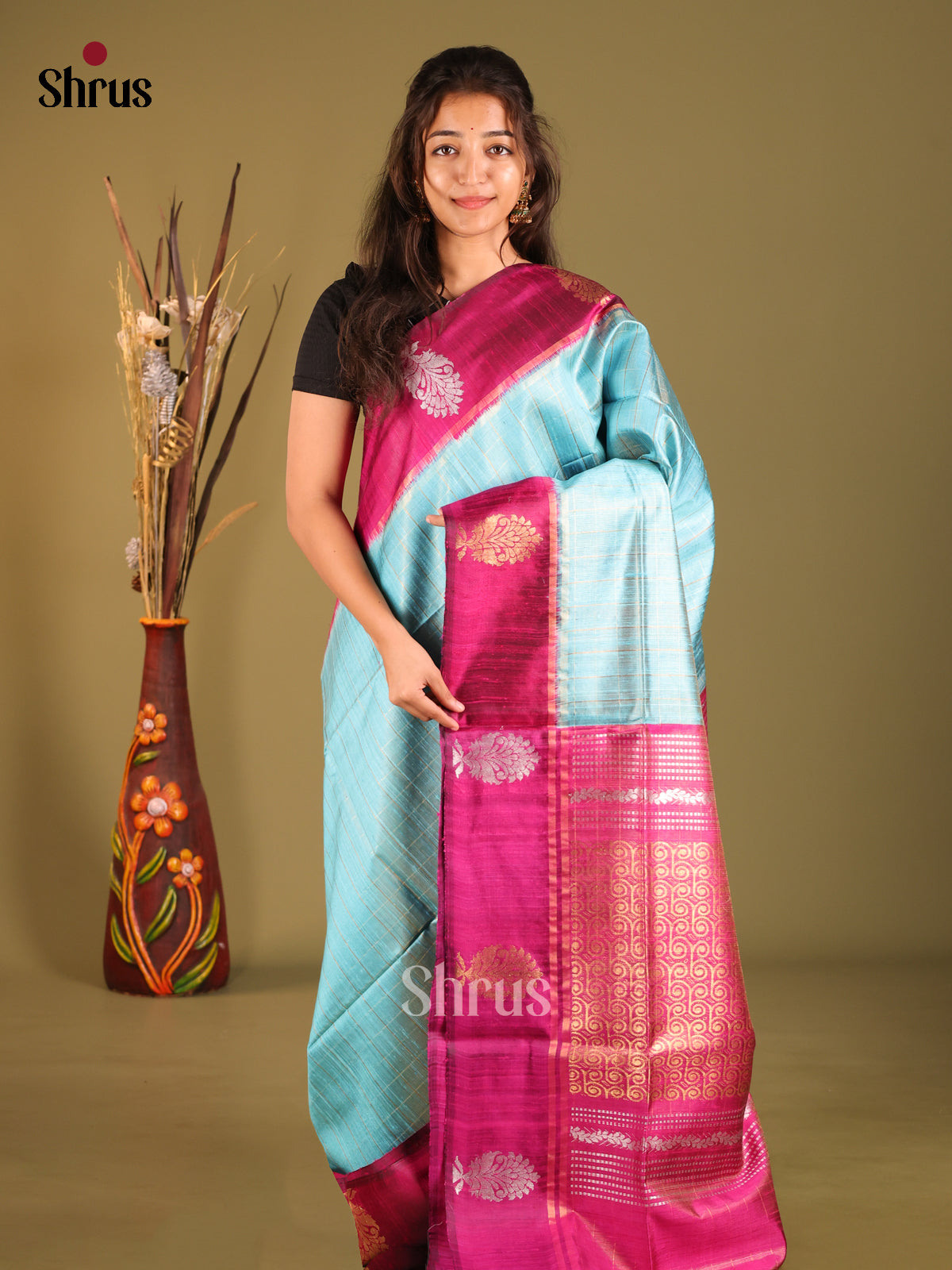 Pastel Blue & Maroon - Raw Silk Saree