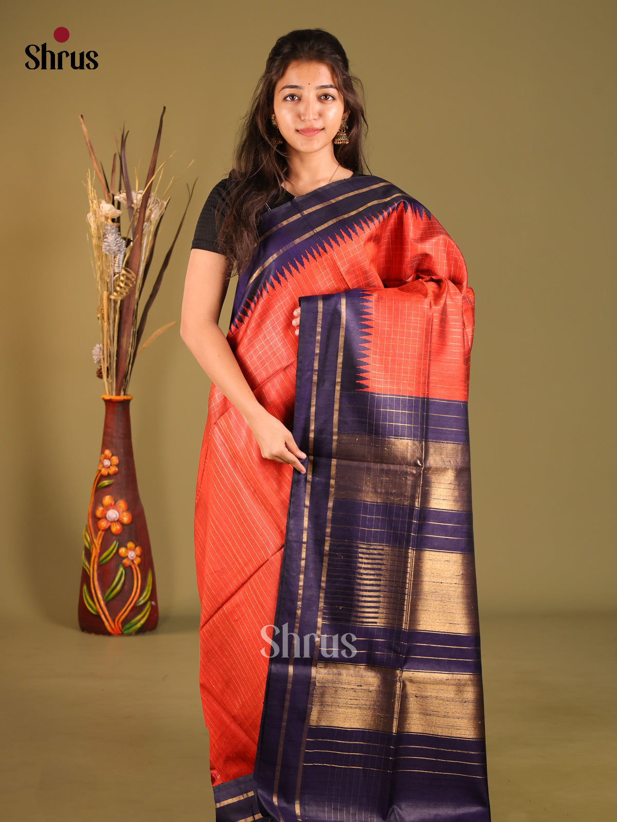 Red & Blue Raw Silk Saree with zari checks - Shop on Shrus.com