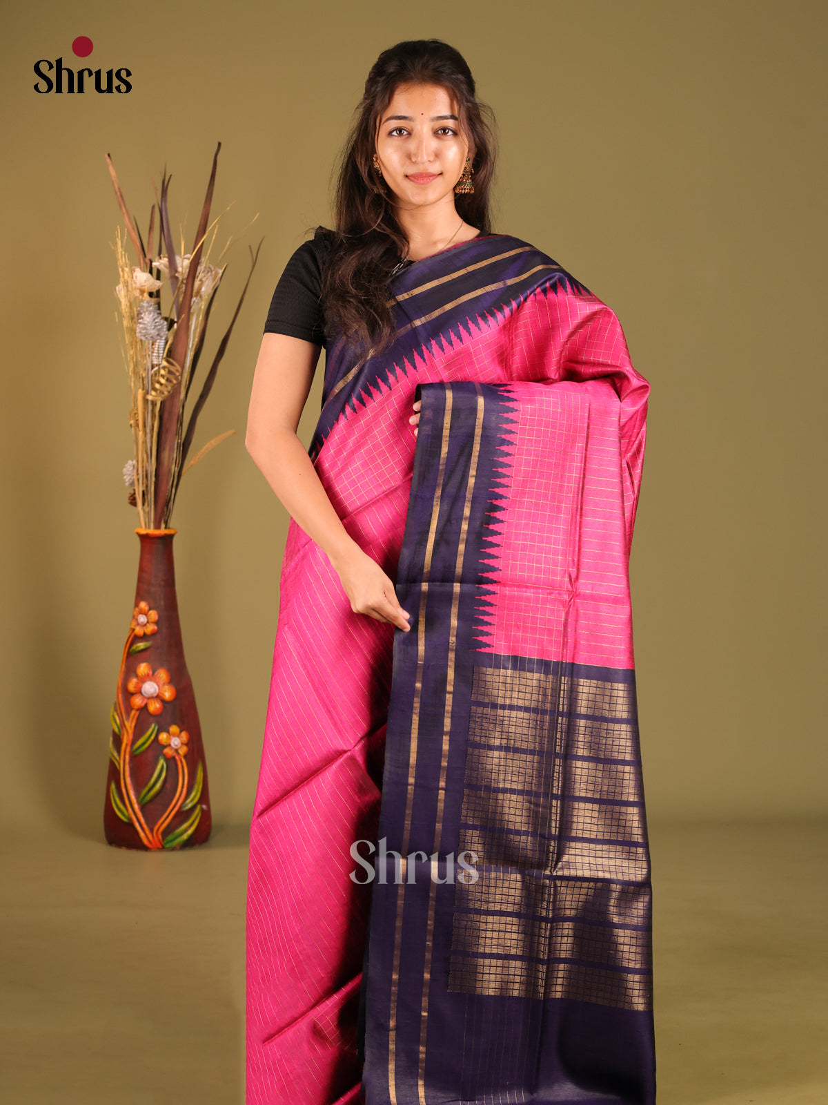 Pink & Blue Raw Silk Sareewith zari checks - Shop on Shrus.com