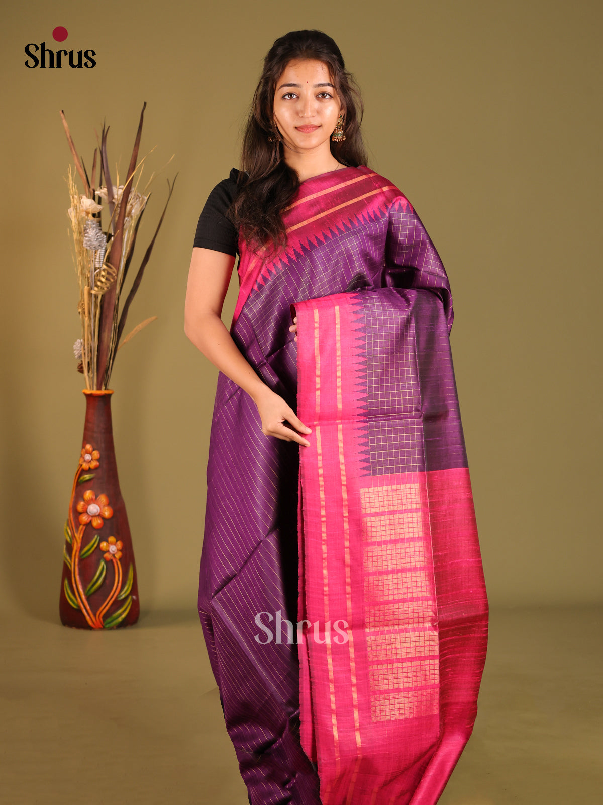 Purple & Pink Raw Silk Saree with zari checks