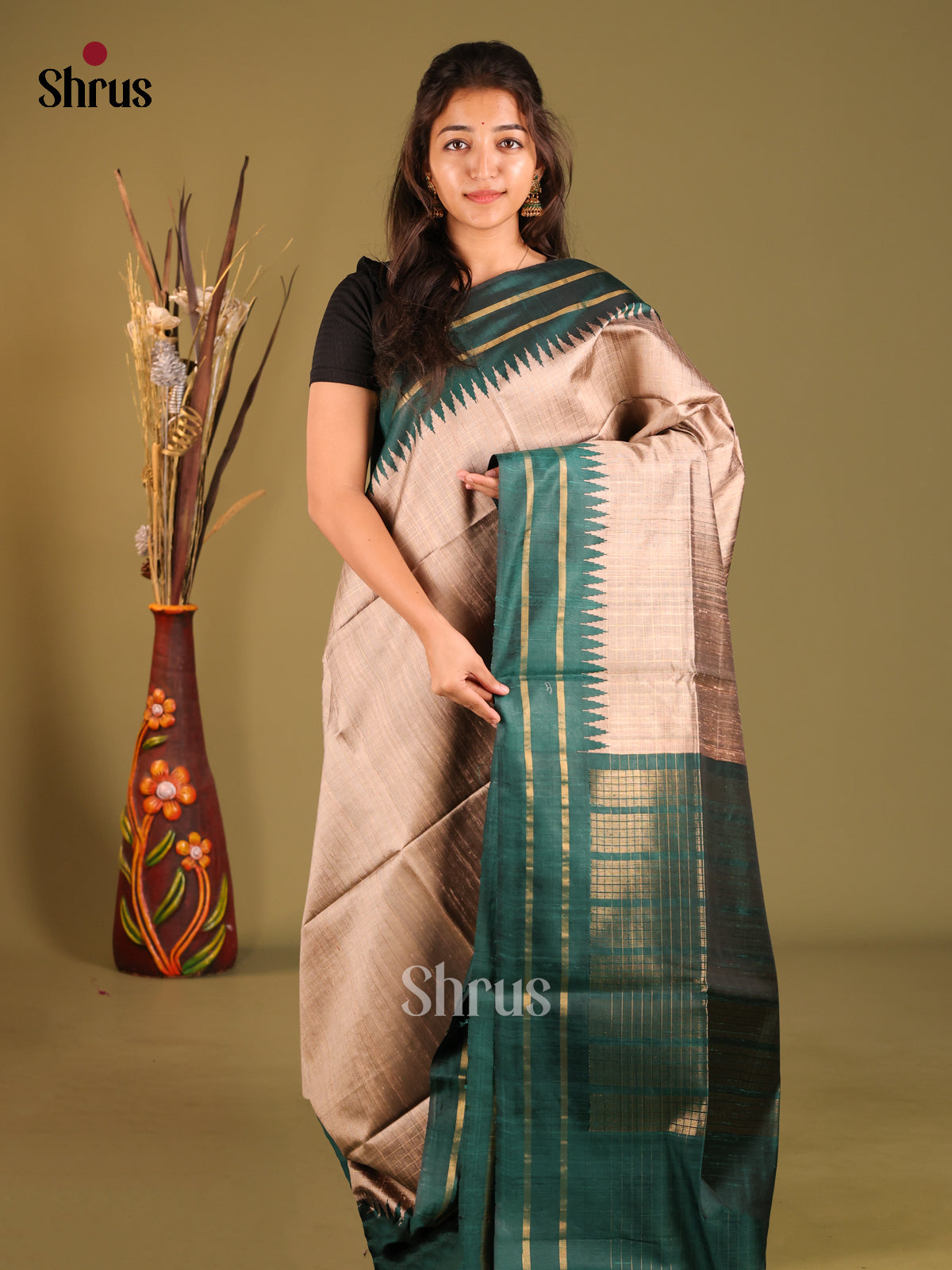Grey & Green Raw Silk Saree with temple border - Shop on Shrus.com