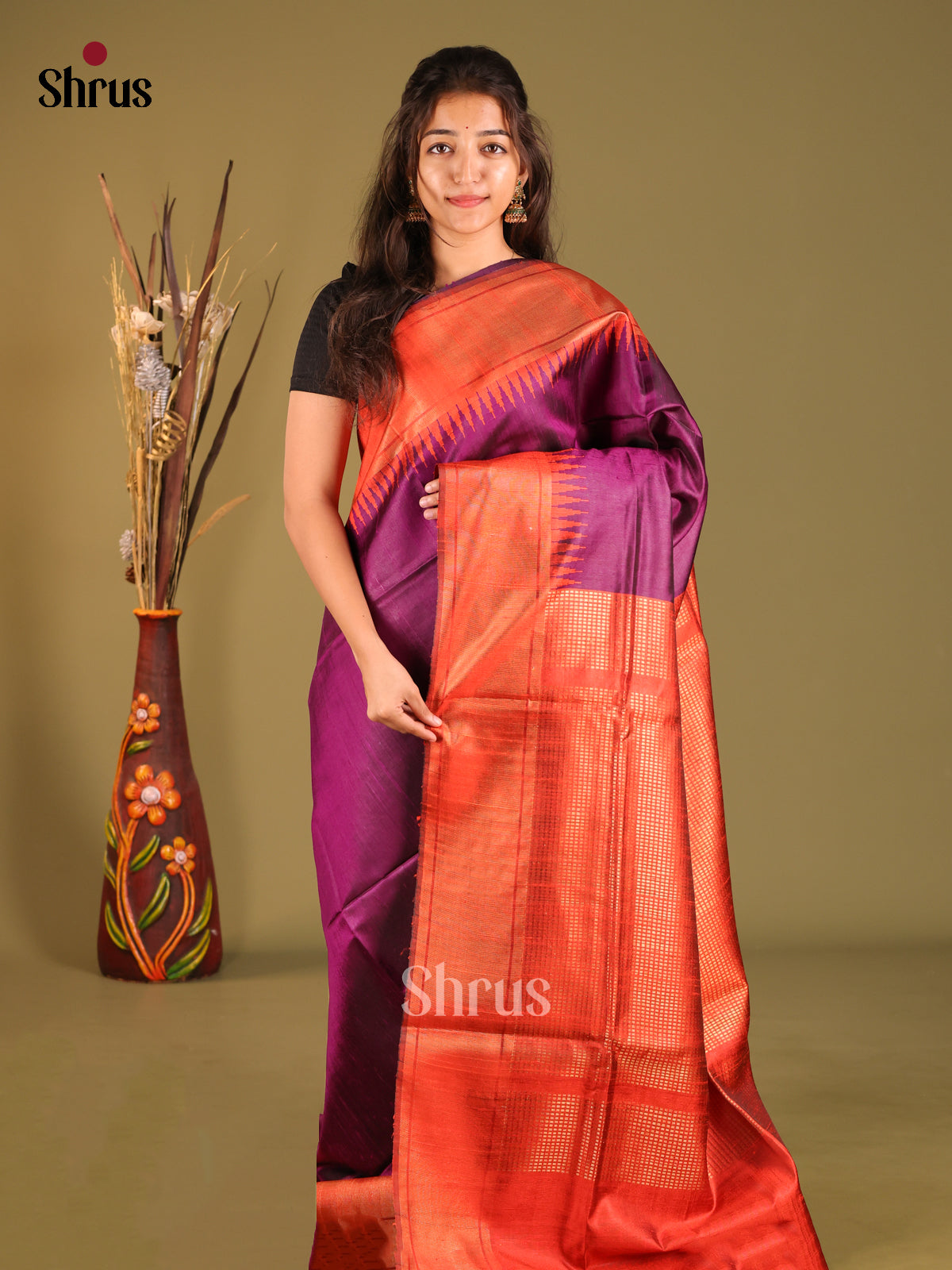 Purple & Red - Raw Silk Saree - Shop on Shrus.com