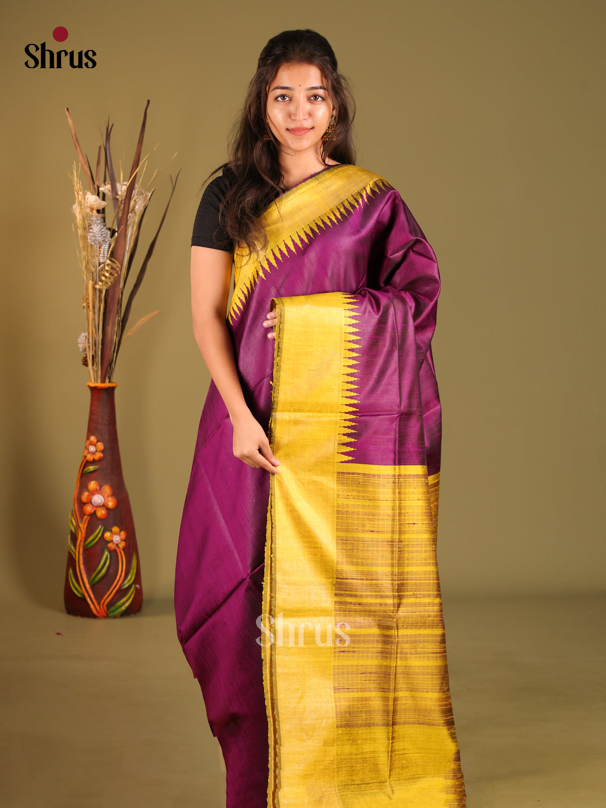 Purple & Yellow Raw Silk Saree - Shop on Shrus.com