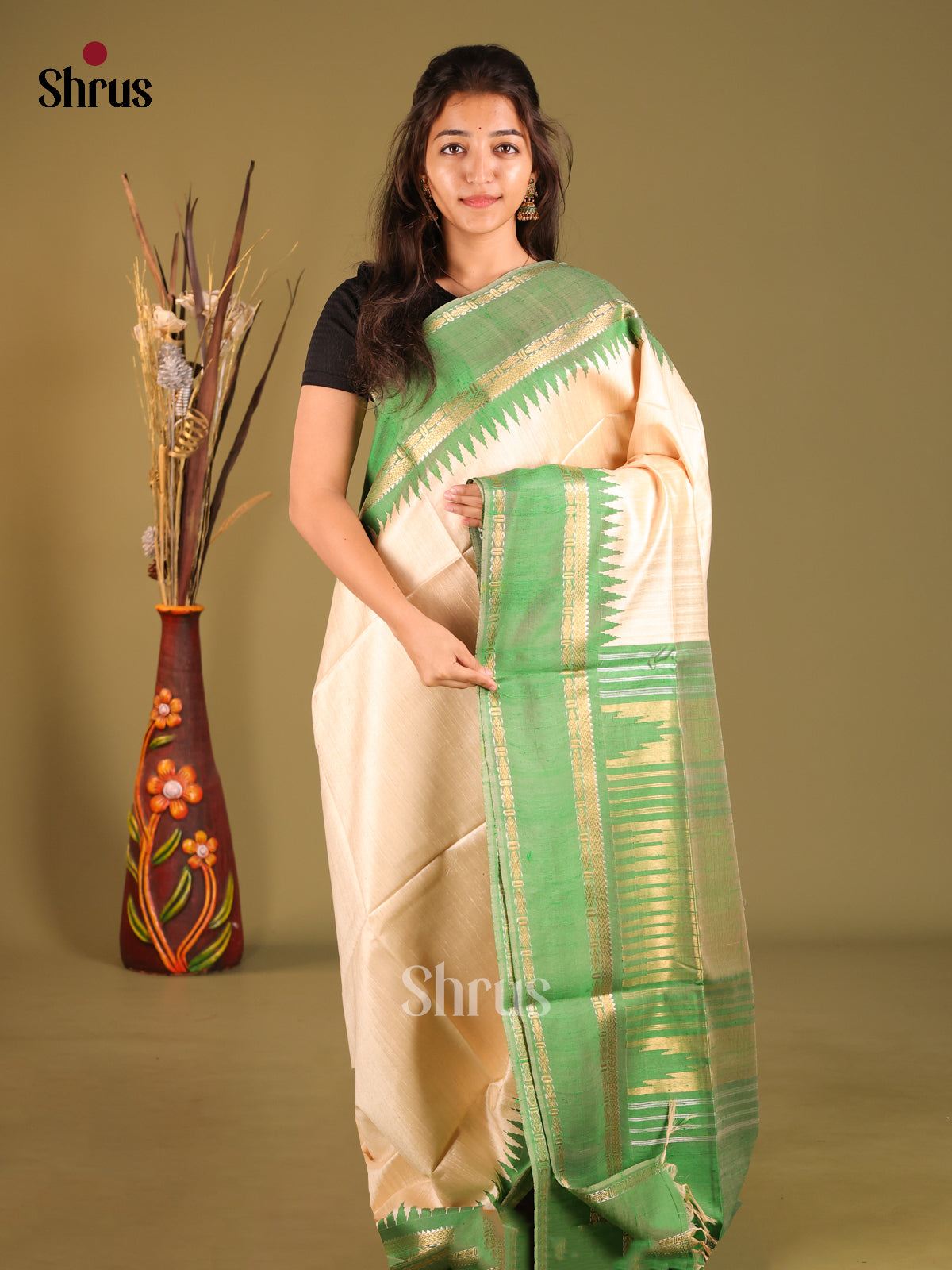 Cream & Green Raw Silk Saree with zari checks & Rettaipet zari border