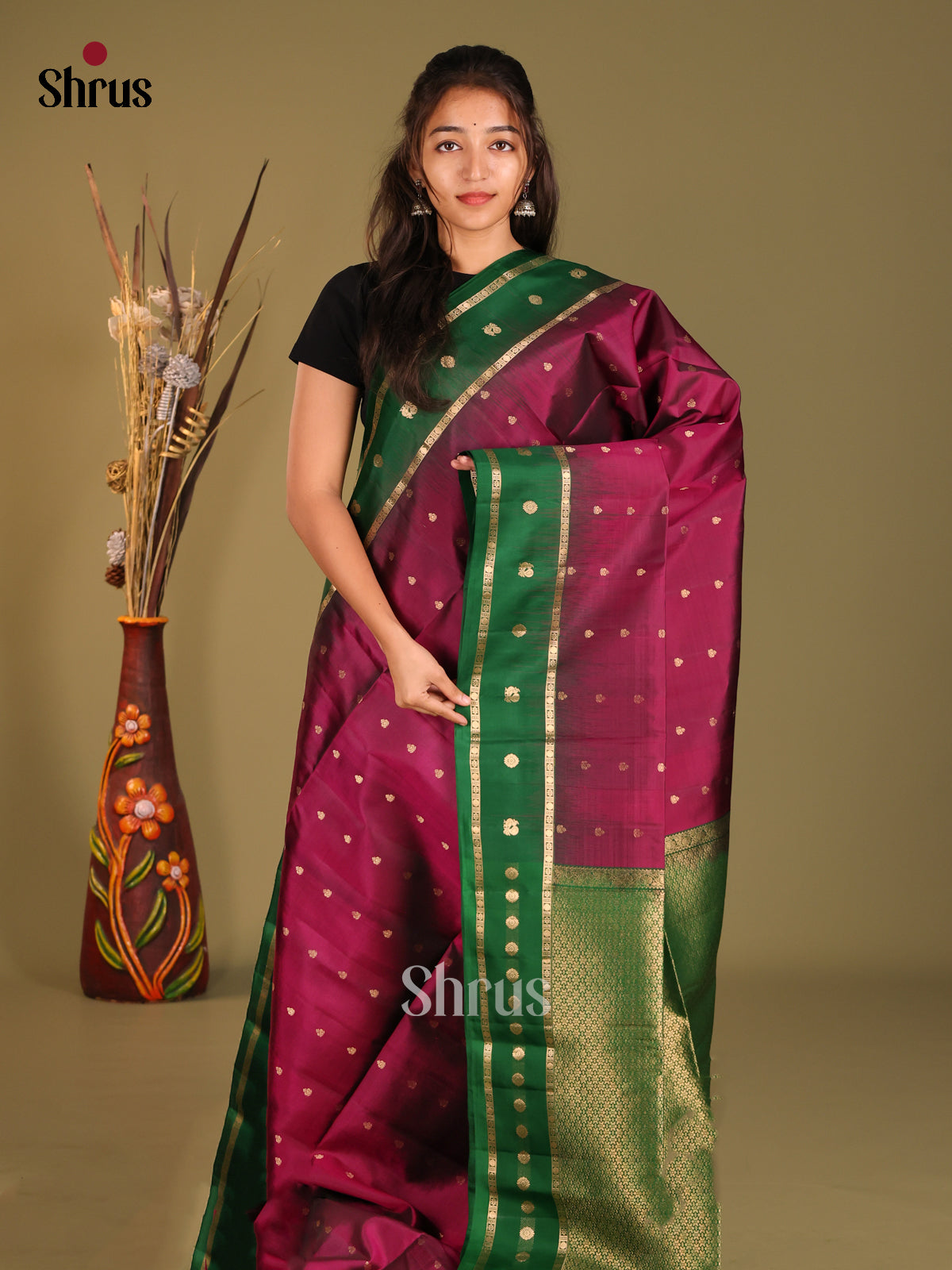 Maroon & Green Soft Silk Saree with zari buttas - Shop on Shrus.com