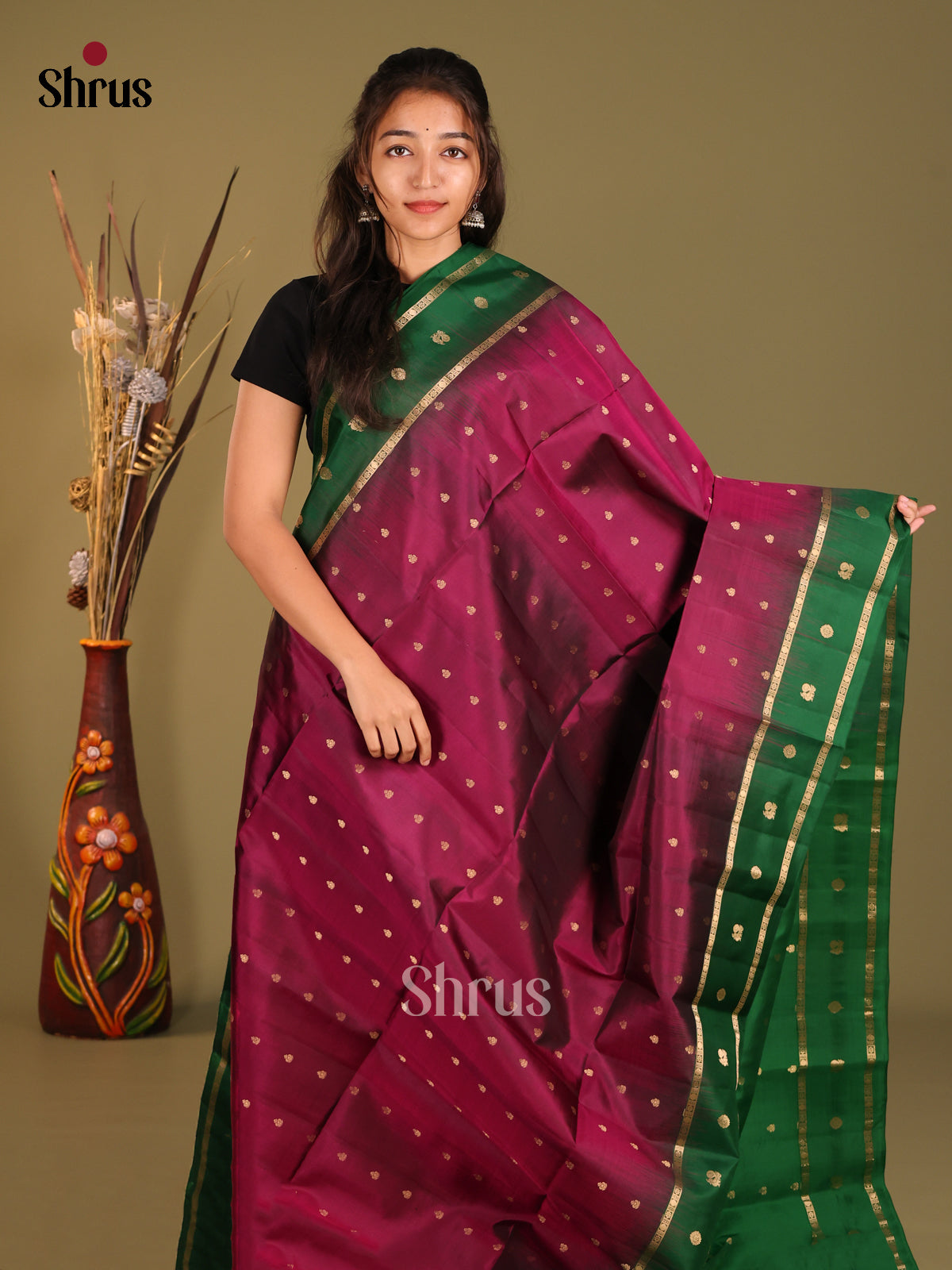 Maroon & Green Soft Silk Saree with zari buttas - Shop on Shrus.com
