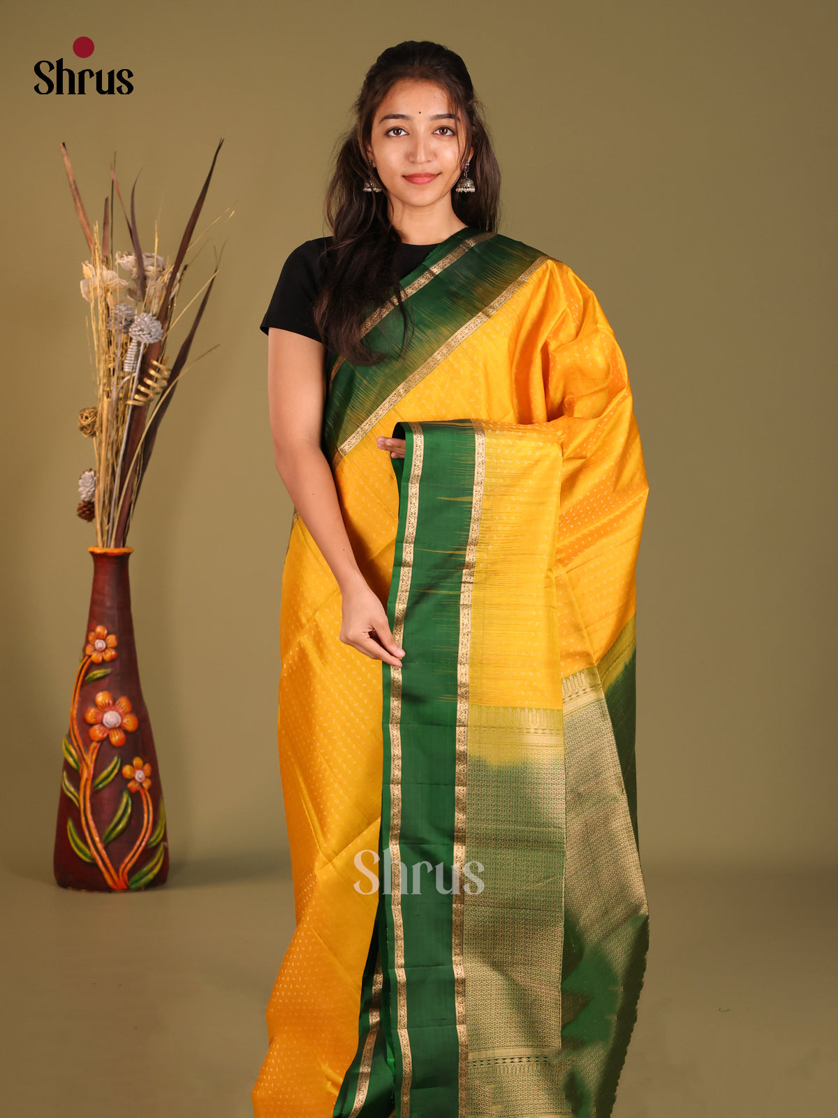 Yellow & Green Soft Silk Saree gleams with zari buttas - Shop on Shrus.com