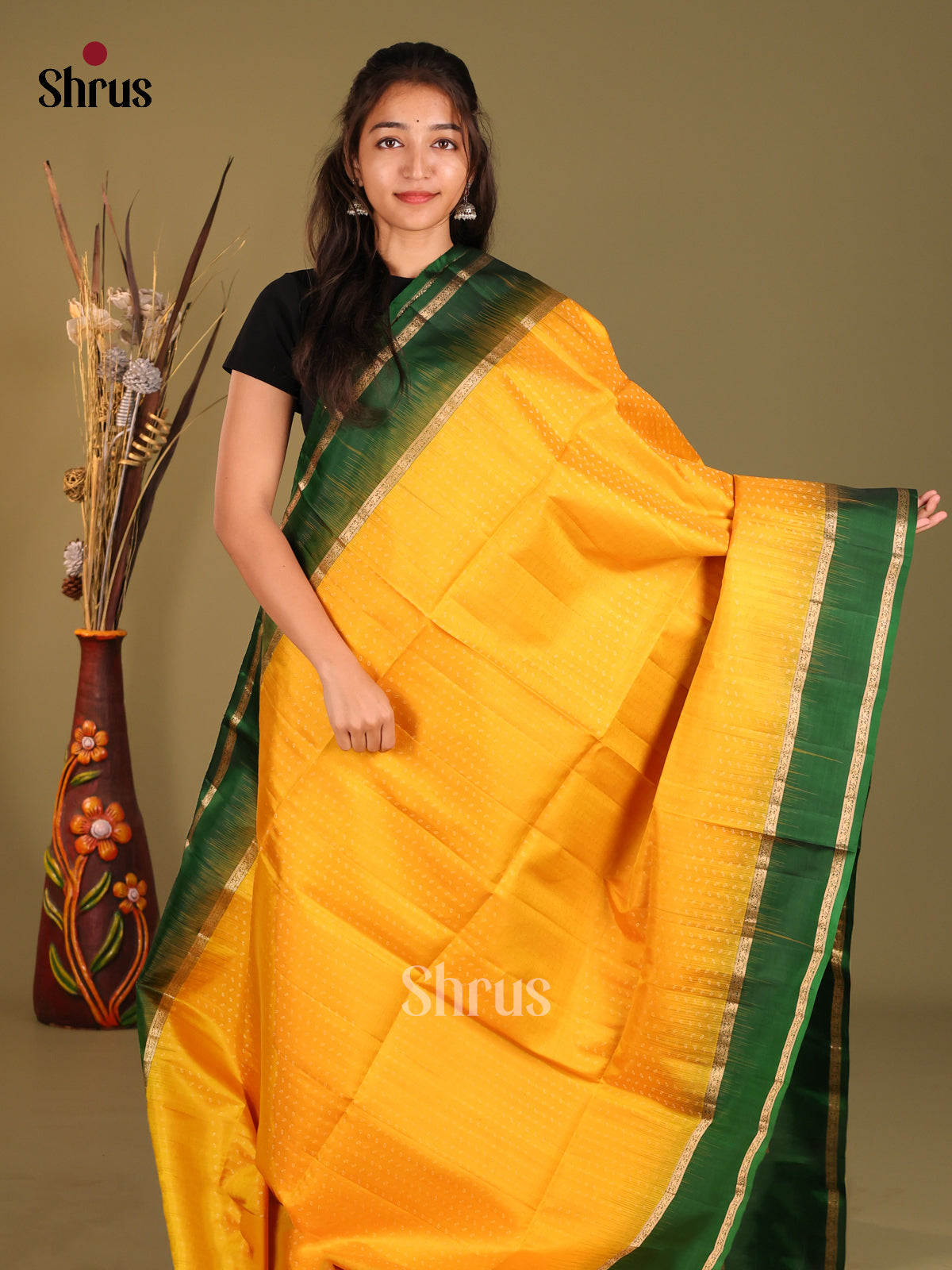 Yellow & Green Soft Silk Saree gleams with zari buttas - Shop on Shrus.com