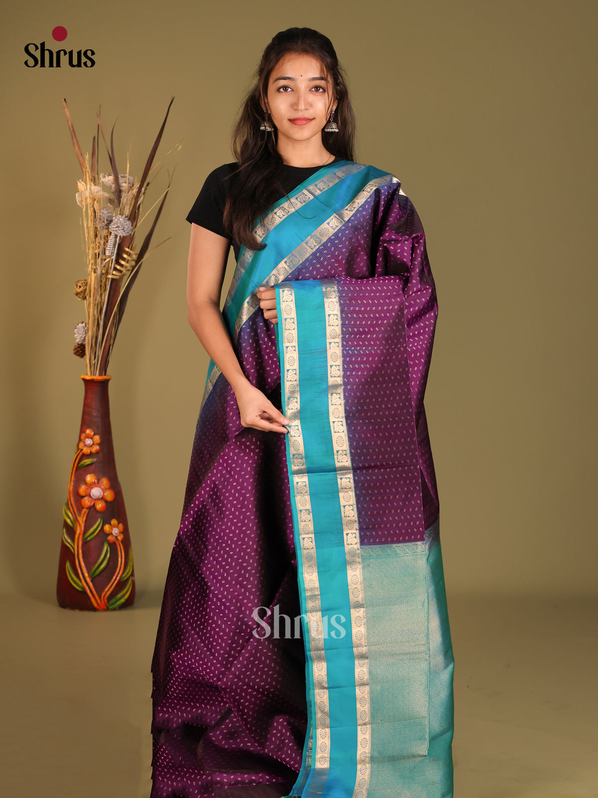 Violet & Blue Soft Silk Saree with rettaipet zari border - Shop on Shrus.com
