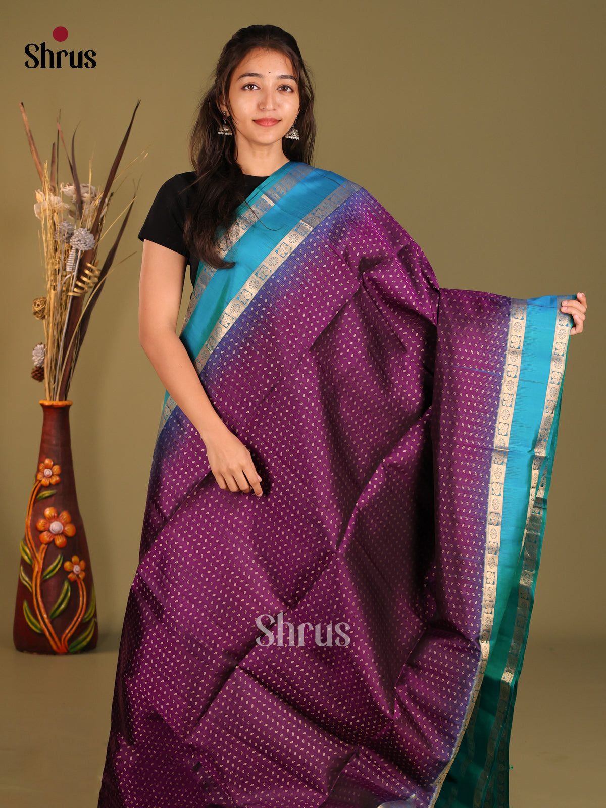 Violet & Blue Soft Silk Saree with rettaipet zari border - Shop on Shrus.com