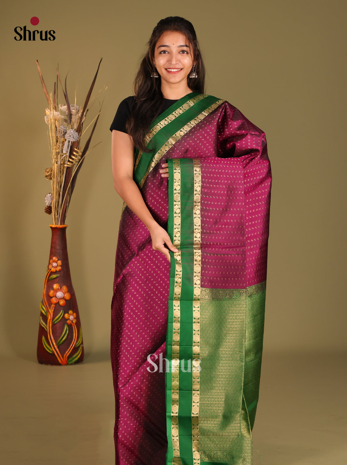 Maroon & Green Soft Silk Saree with rettaipet Zari border - Shop on Shrus.com